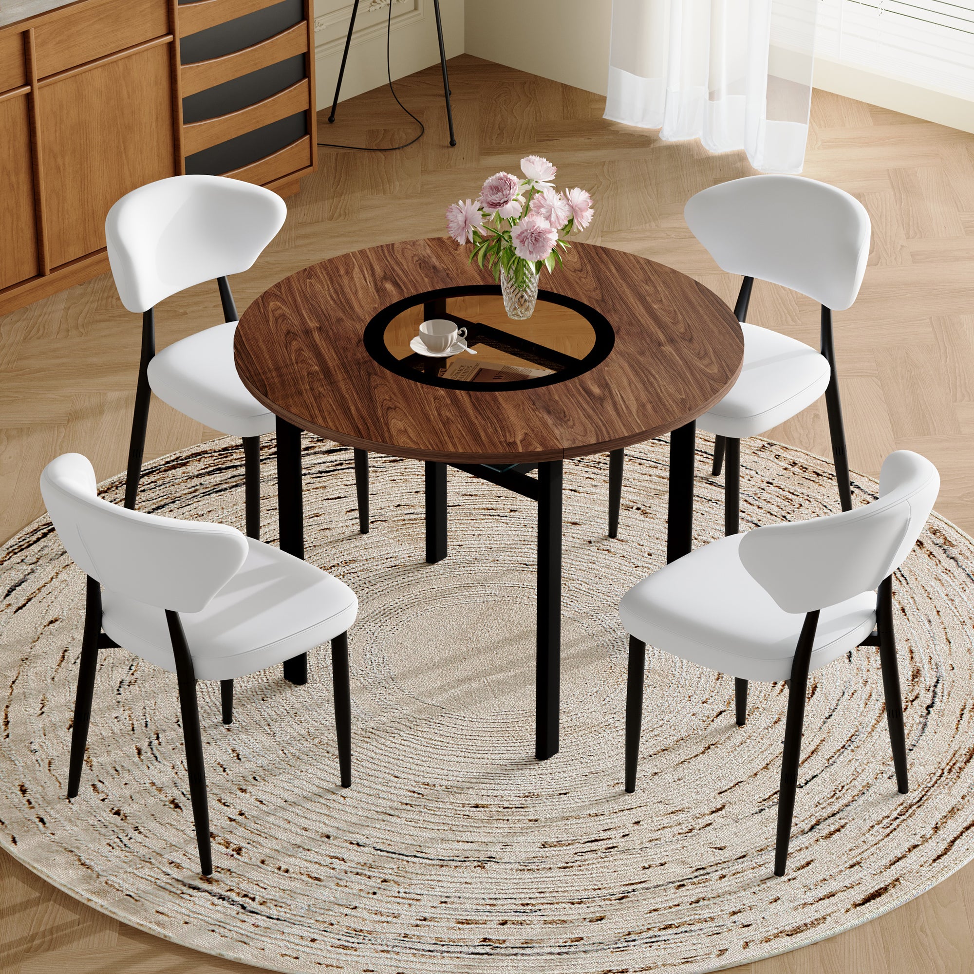 Modern Minimalist Round Table Set 100cm Diameter 4 Chairs Wood/White PU