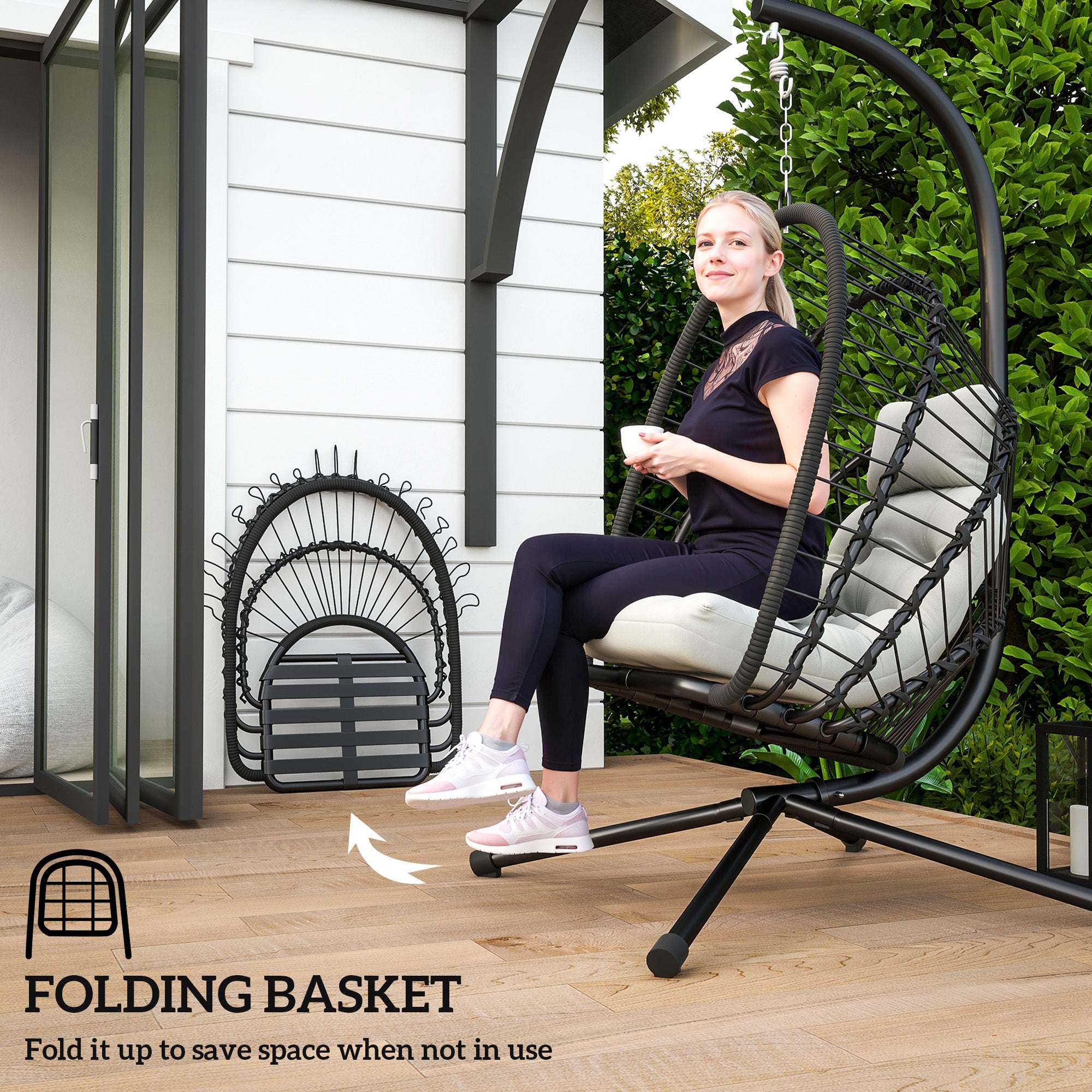 Outdoor PE Rattan Swing Chair Hanging Egg Chair with Foldable Basket, Cushion and Metal Stand, Black