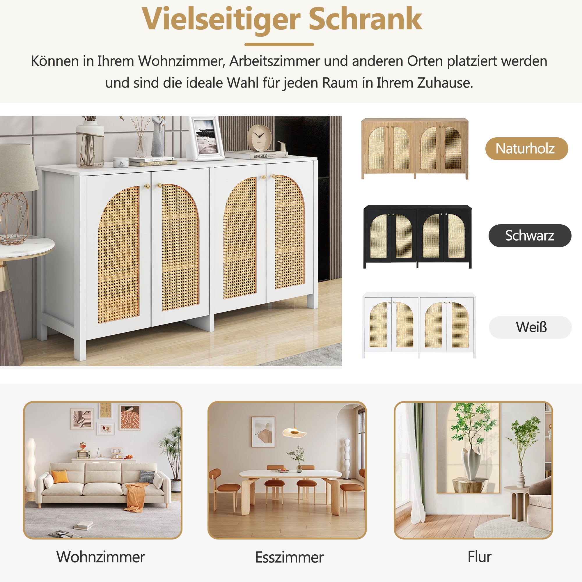 Sideboard, 4 Rattan Doors with Metal Handles, White