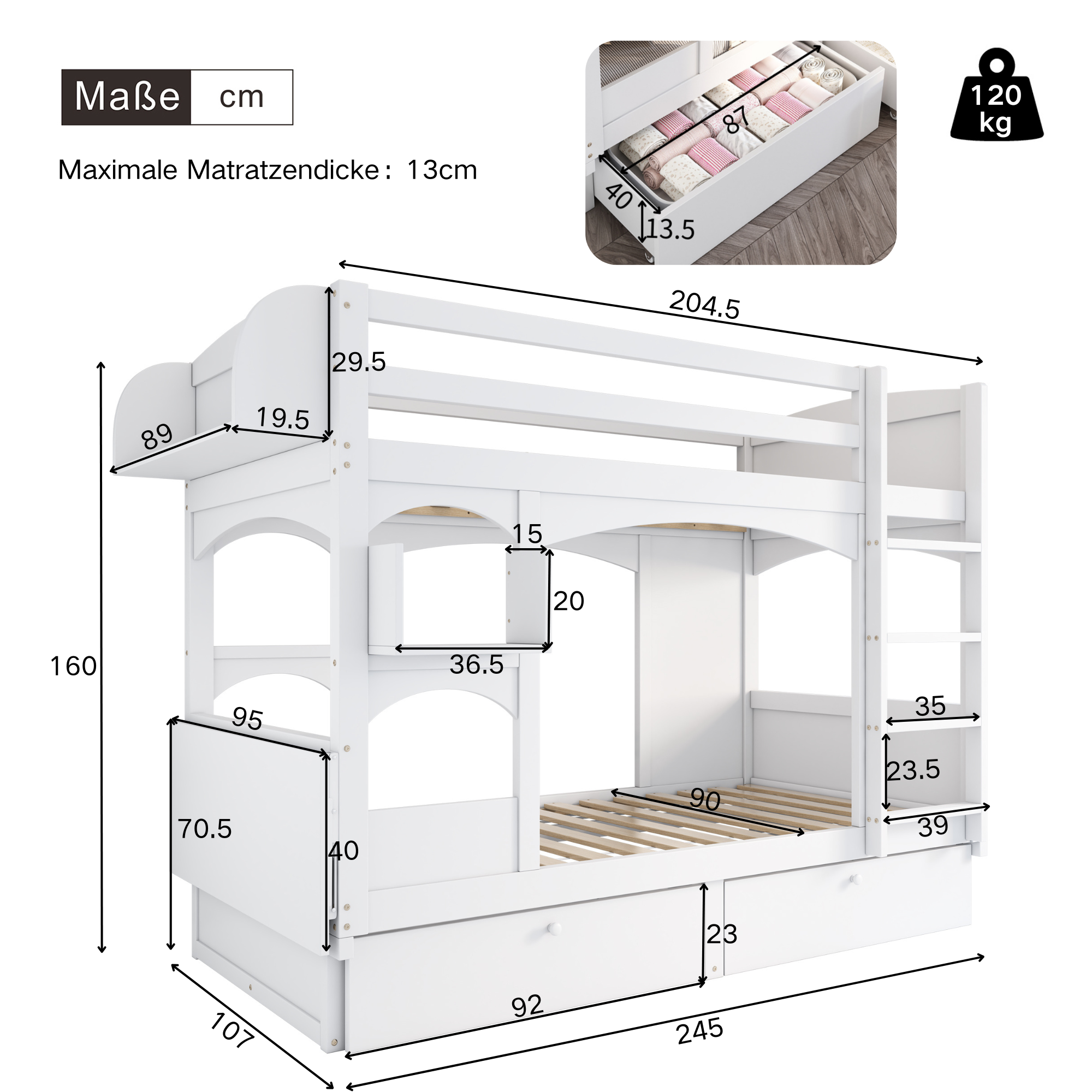 Children's Bunk Bed Multifunctional Double Bed with Desk, Shelf, 2 Drawers, Solid Wood White
