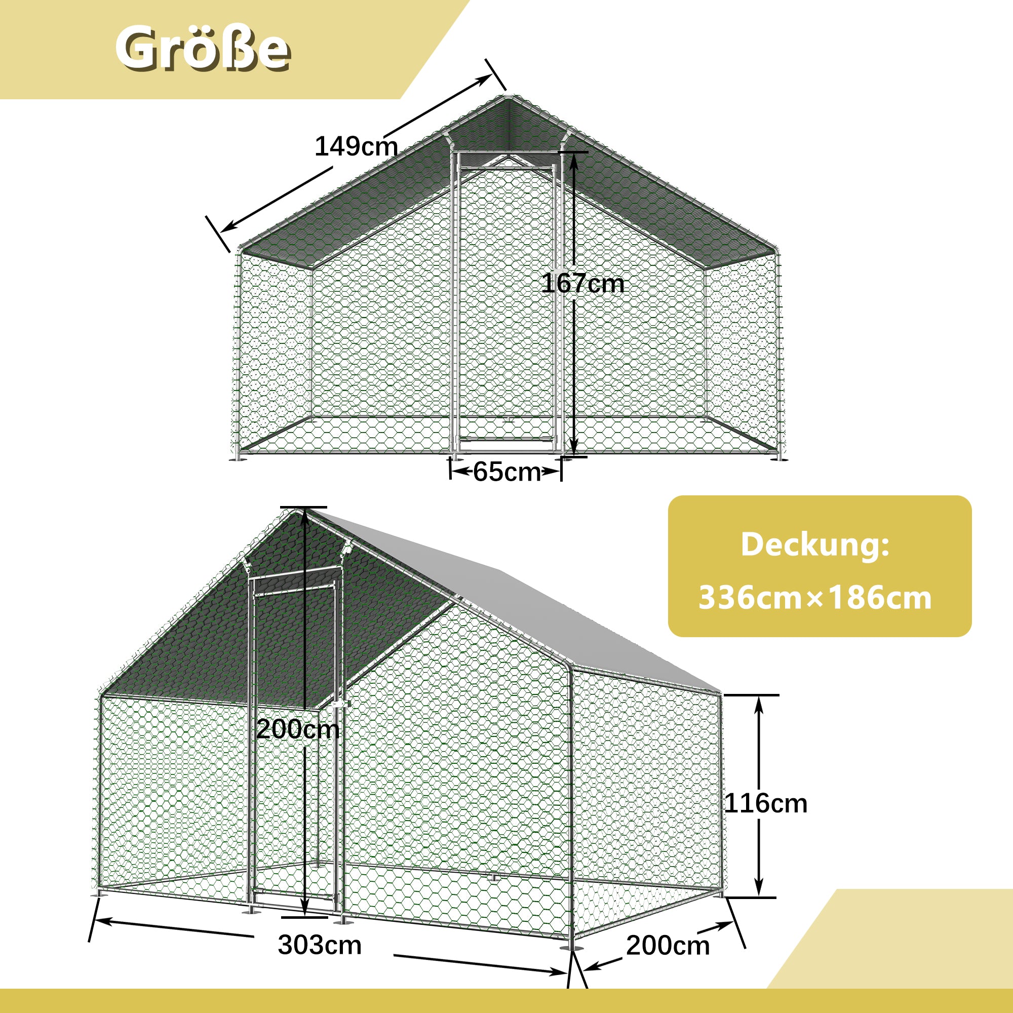 Free-Range Chicken Coop 3x2x2m, Safety Lock, Waterproof PE Cloth, Metal