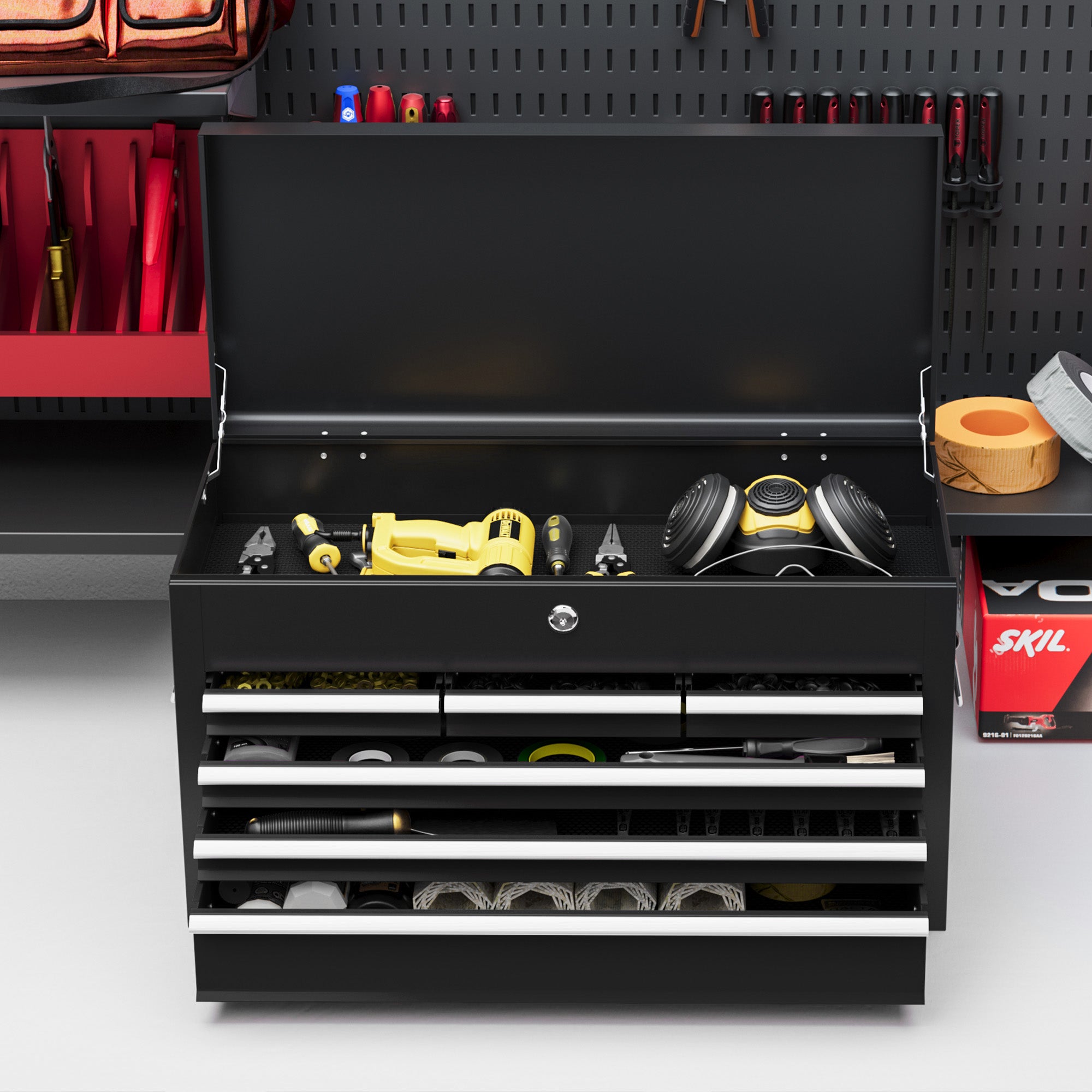 Tool box with 6 drawers, lock and handle, steel black