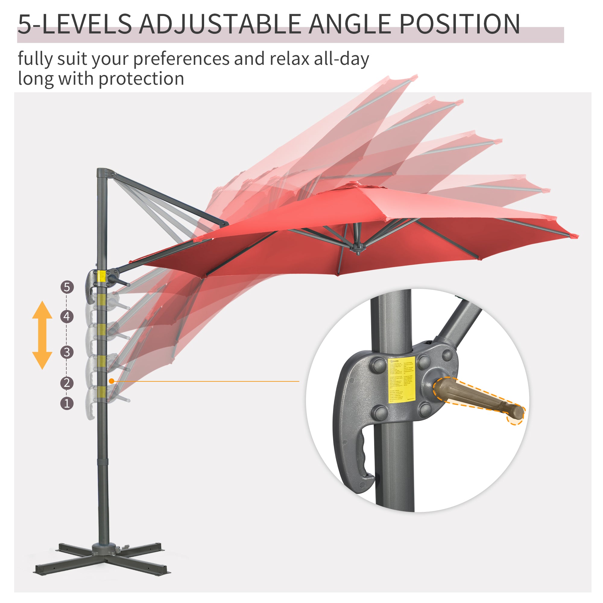 3 x 3m Cantilever Parasol with Cross Base Crank Handle, Wine Red