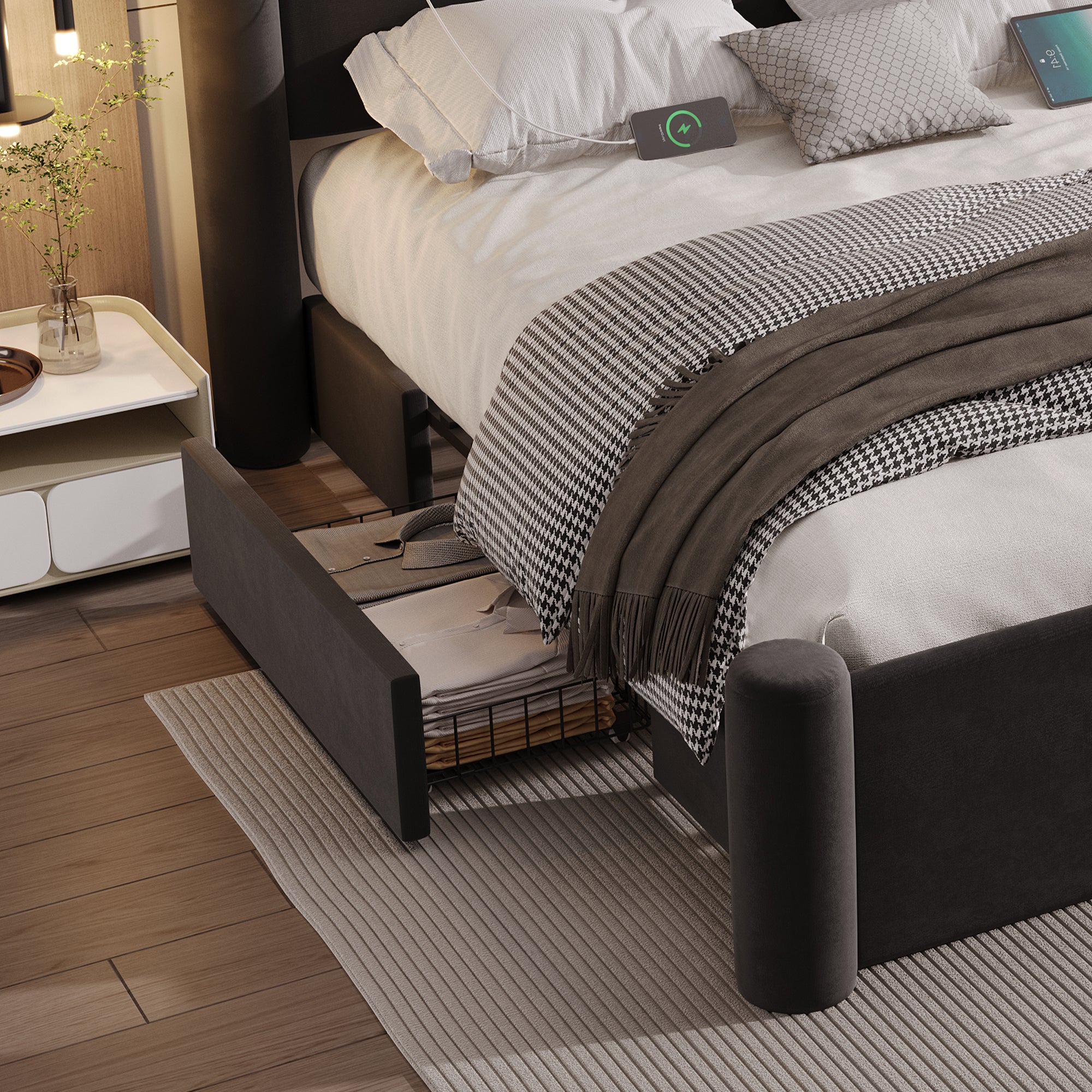 Bed Frame, 140x200cm Modern Design, Padded Headboard, 2 Storage Drawers, USB Ports, Black