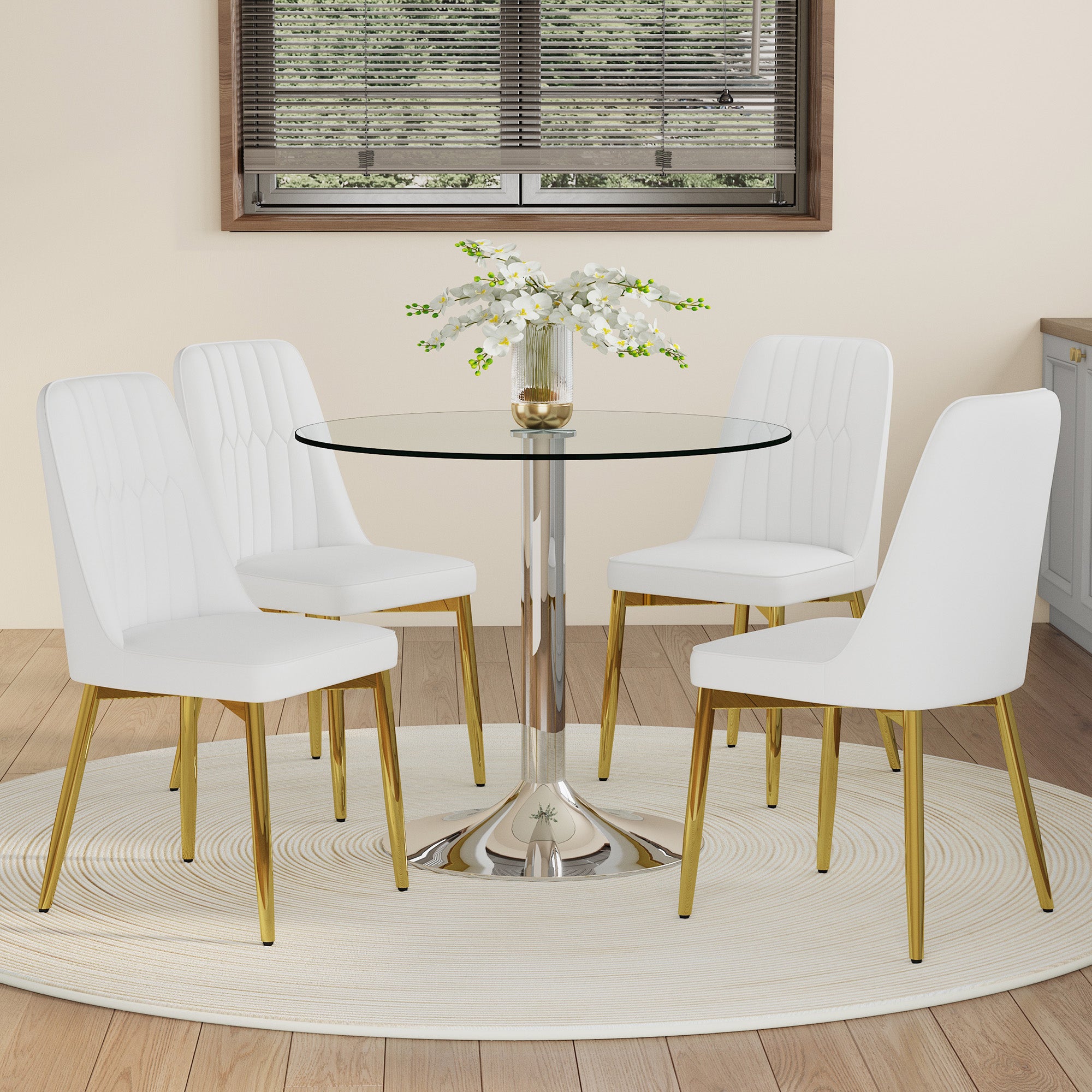 Dining Table Set, Glass Table & 4 Chairs with Gold Legs, White PU