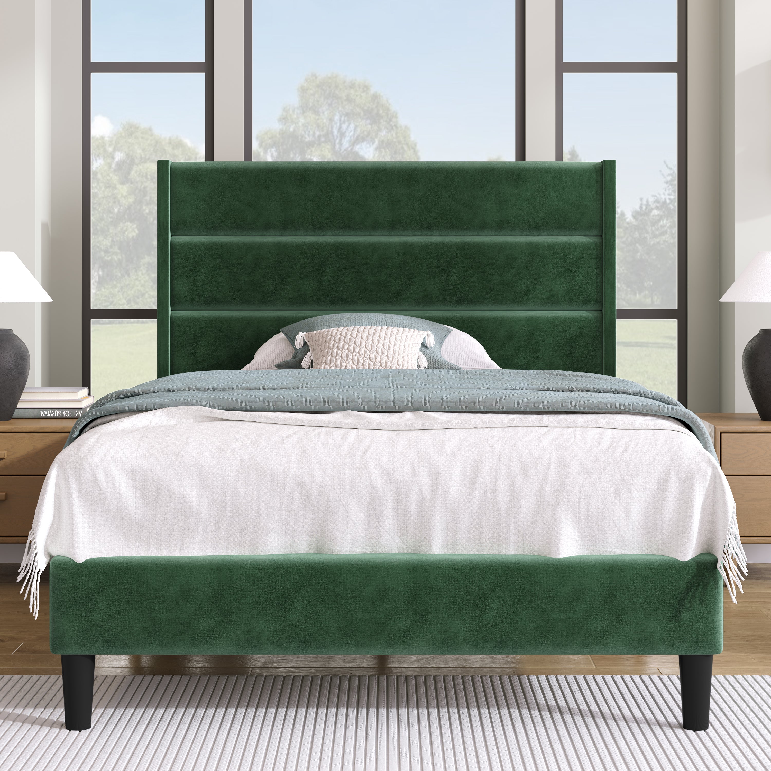 Upholstered Bed, 90 x 200 cm, Slatted Frame & Headboard, Velvet Dark Green