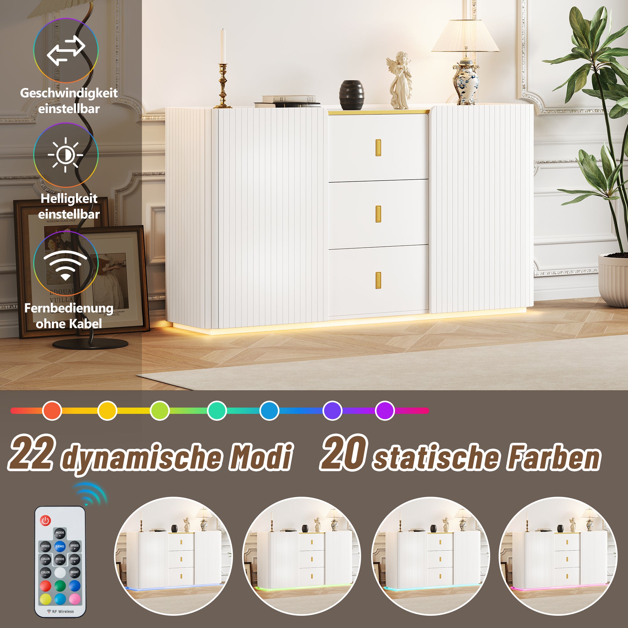 LED Sideboard, 150cm Multifunctional with 2 Doors & 2 Drawers