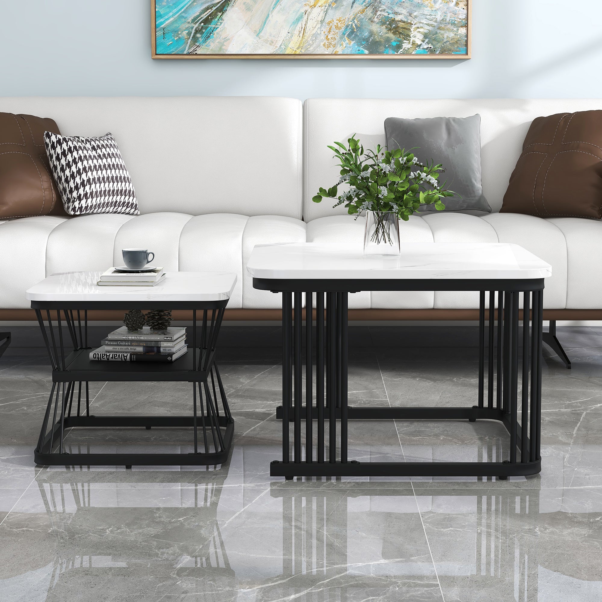 Set of 2 Modern Side Tables Marble Look Steel Frame - White/Black