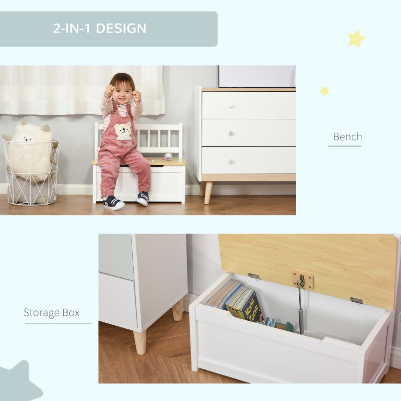 2 In 1 Wooden Toy Box Seat Storage Bench with Safety Pneumatic Rod, White Engineered Wood
