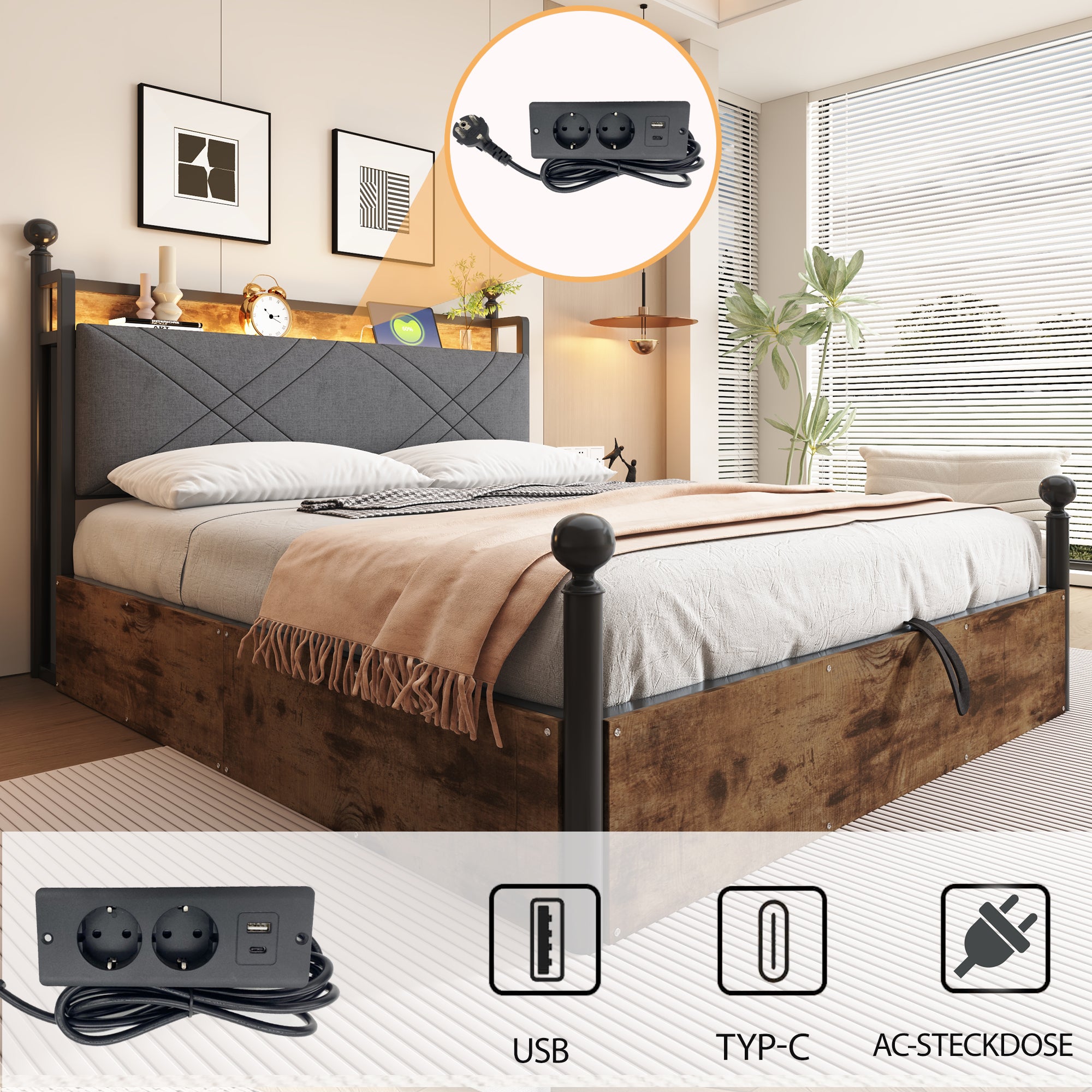 Wrought Iron Double Bed, Hydraulic Storage Canopy LED USB, Black