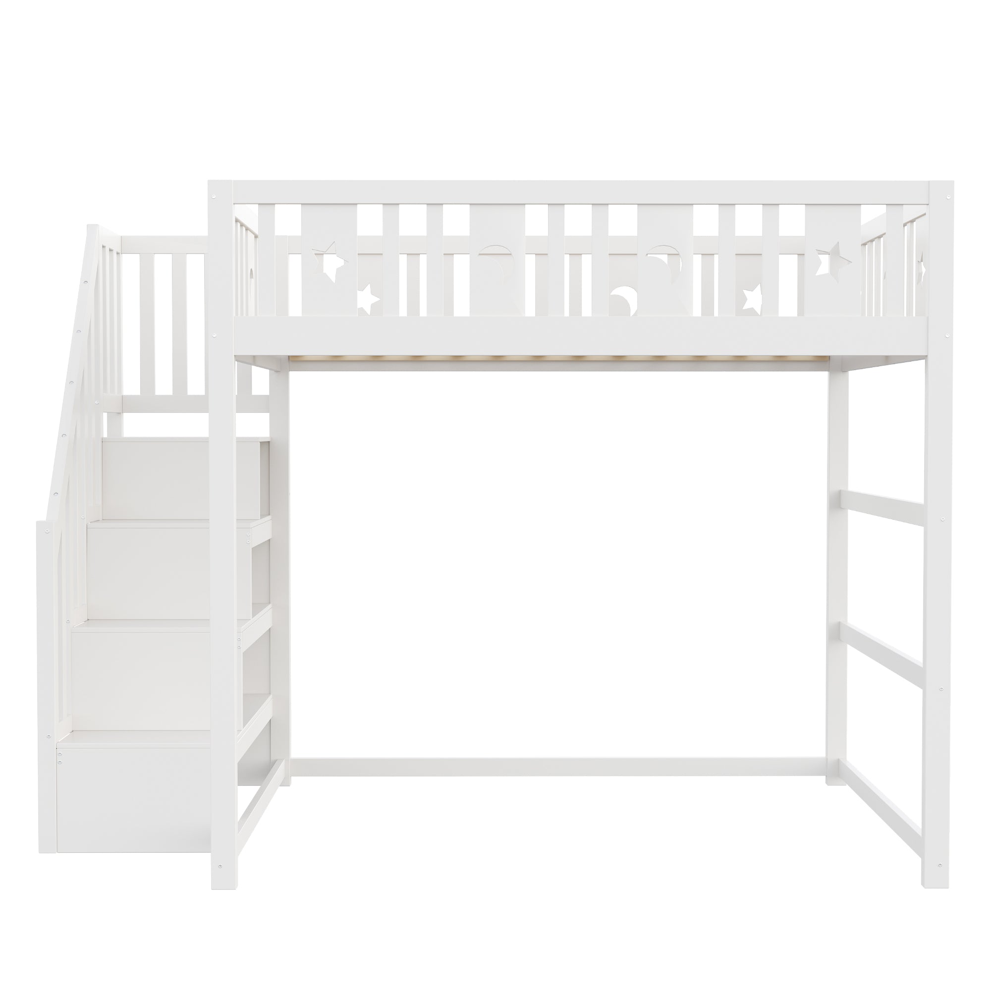 Children's Bunk Bed with Stairs, Safety Railing & Star/Moon Decor, Solid Wood White