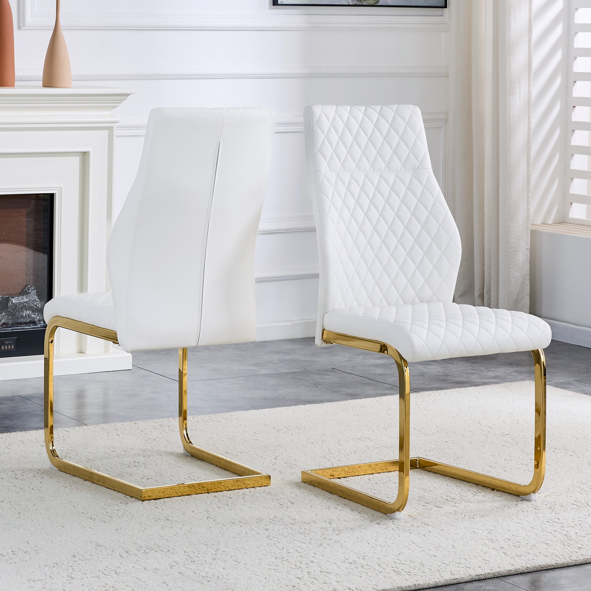 Dining Chair Set of 2, High Backrest and Padded Cushion with Diamond Pattern, White and Gold Metal