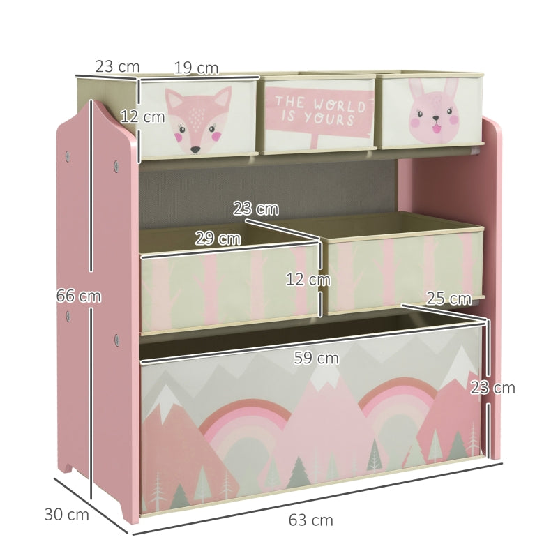 Kids Storage Unit, Toy Organiser with Six Fabric Bins - Pink