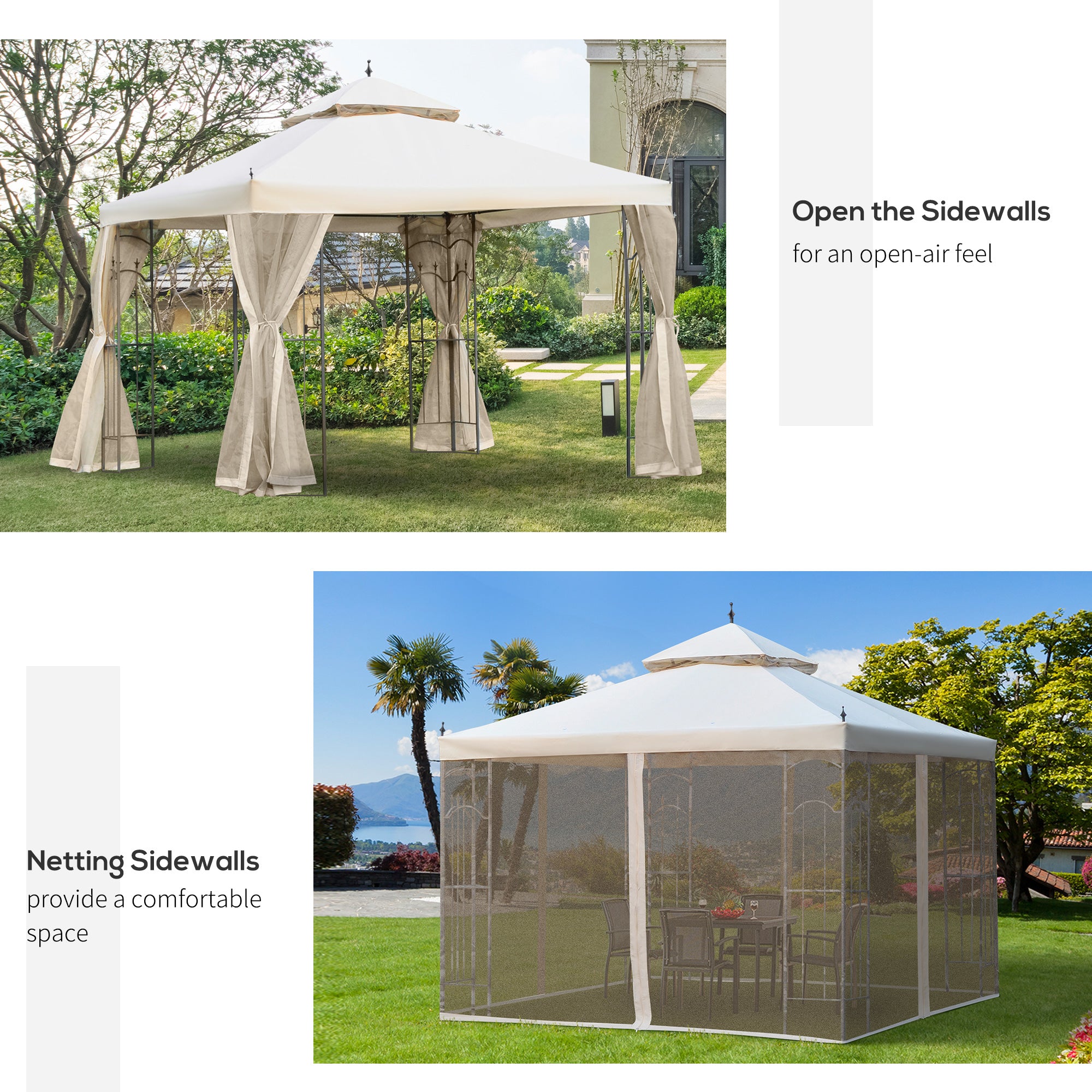 Garden Gazebo 3x3m Double Top Outdoor Canopy with Netting - Cream White