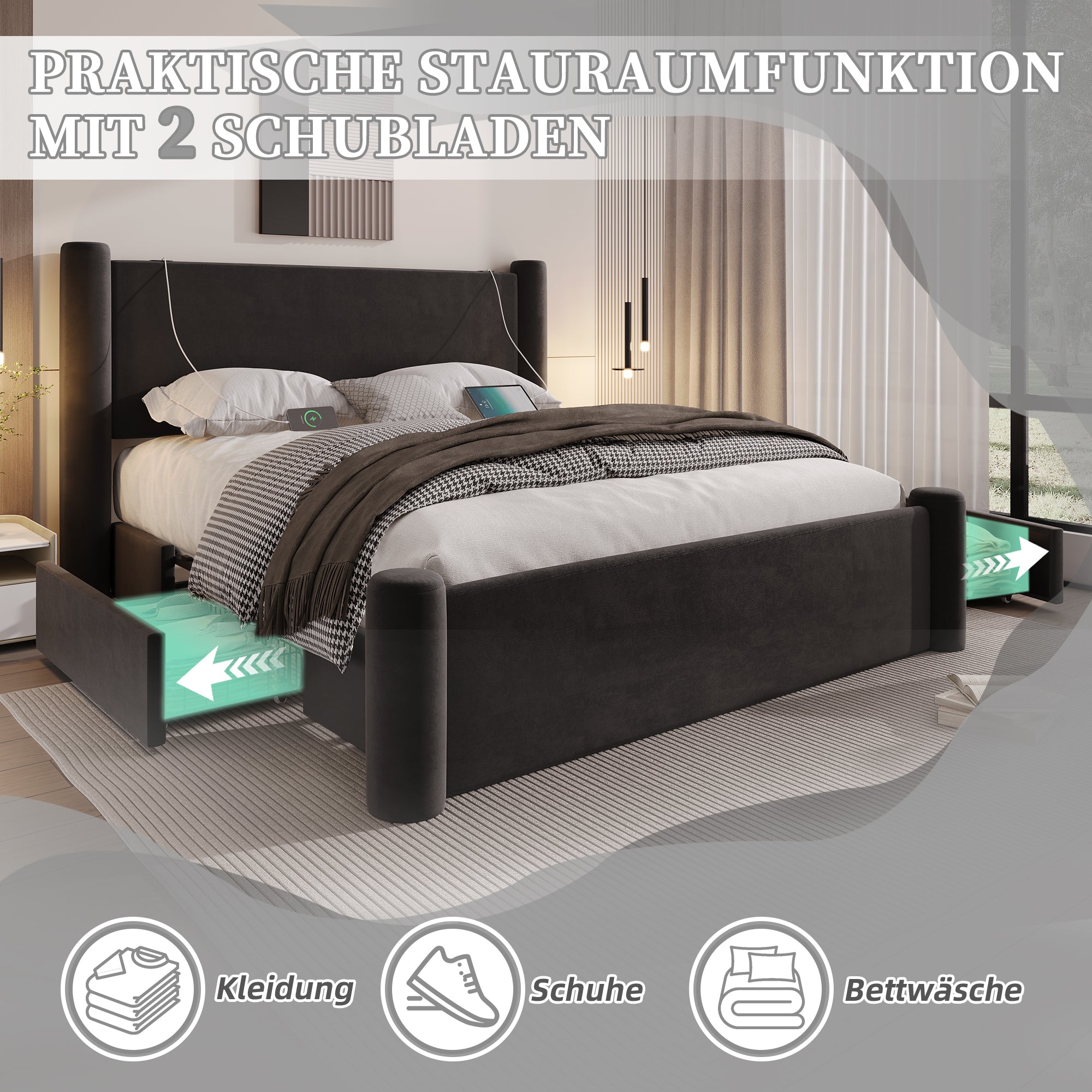 Bed Frame, 140x200cm Modern Design, Padded Headboard, 2 Storage Drawers, USB Ports, Black