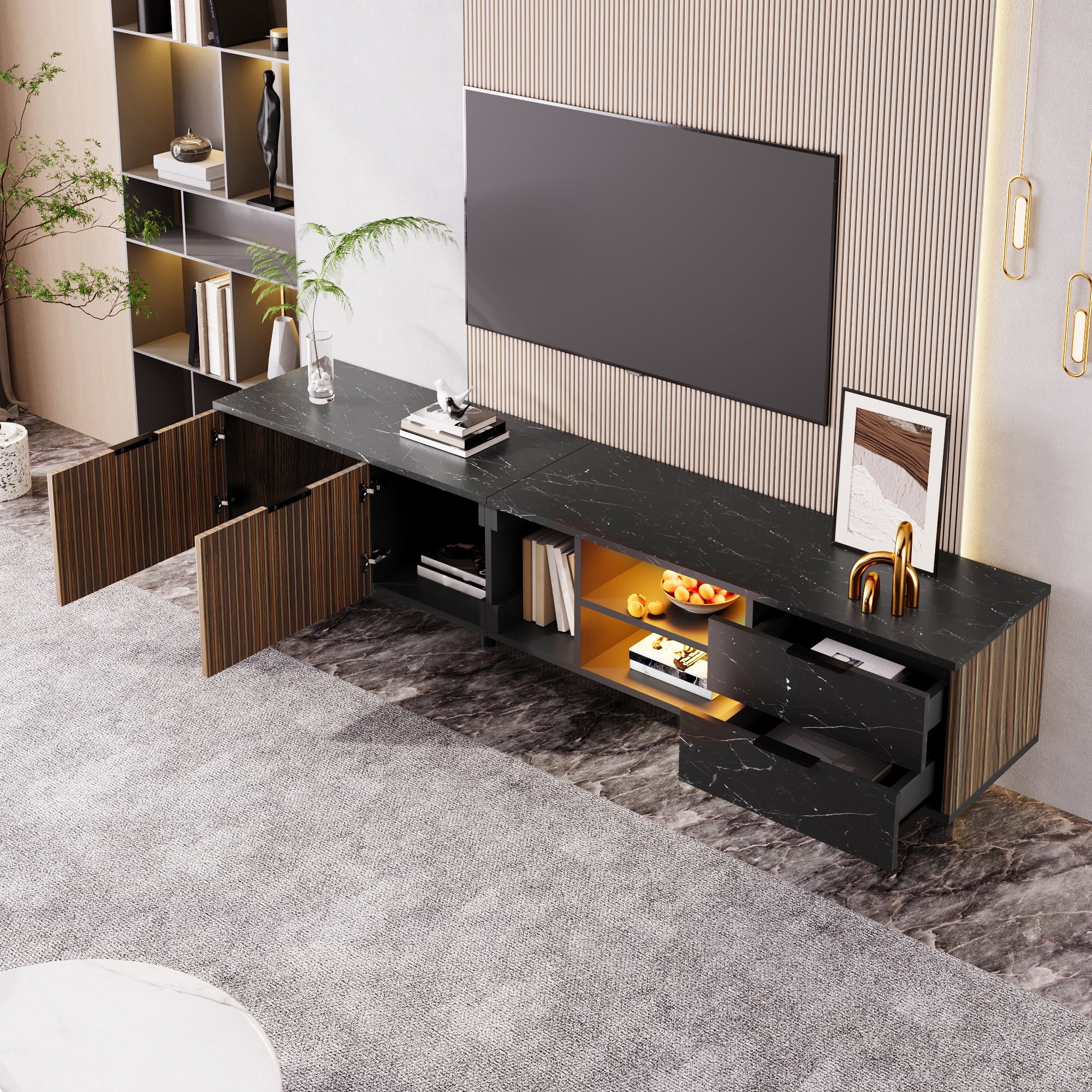 200cm TV Cabinet, Adjustable LED Lighting, Two Doors/Drawers, Black Marble Look/Dark Wood Grain