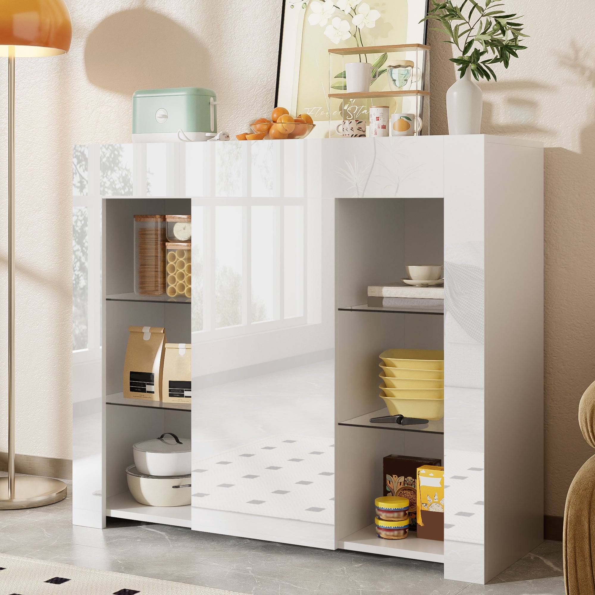 Modern Buffet with Glass Shelves & Cabinet Door, White