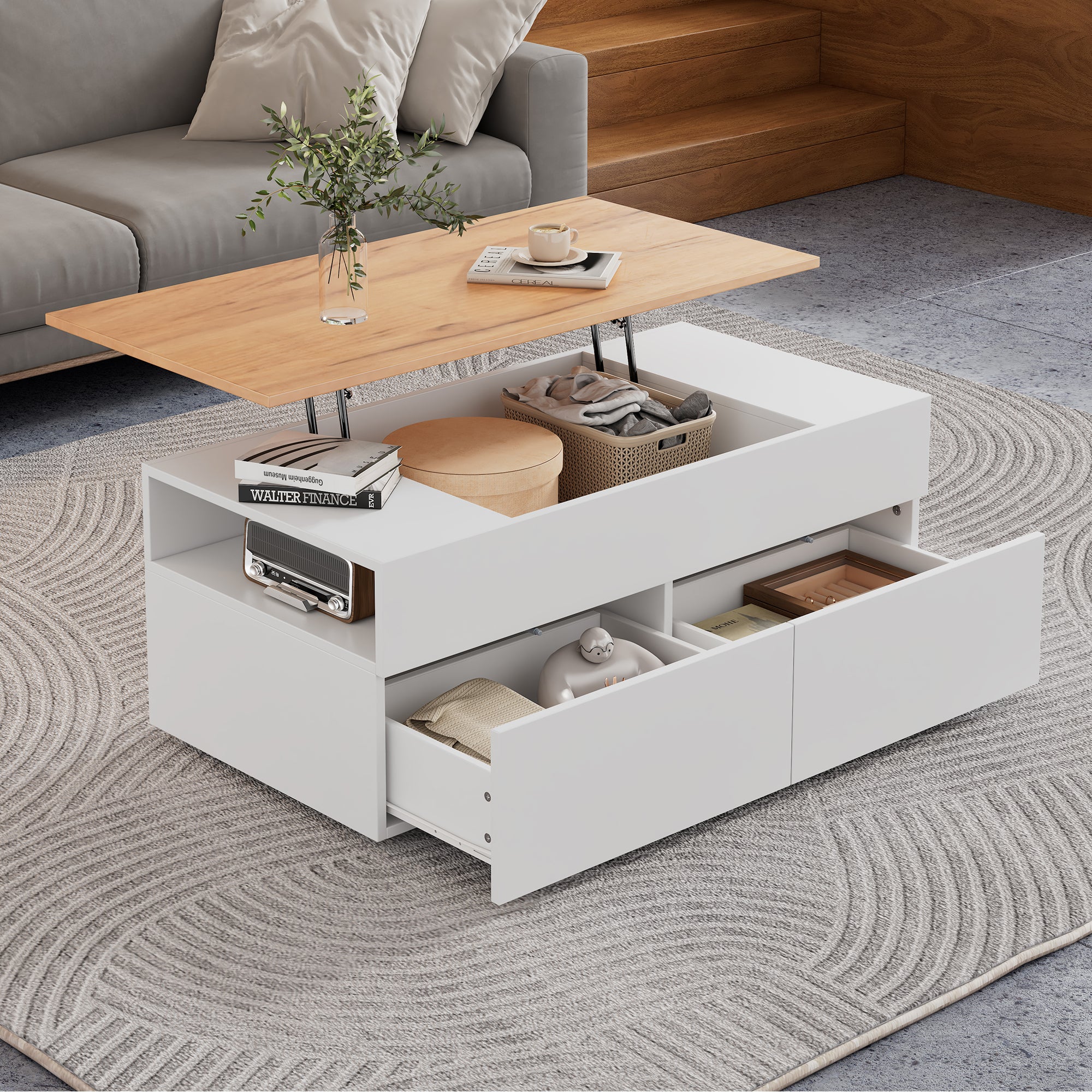 Coffee table height-adjustable with hidden storage, 2 drawers, white + wood color
