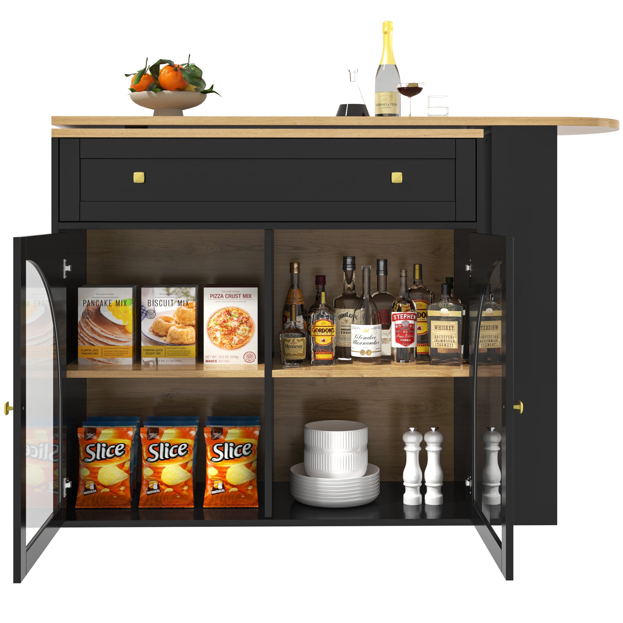 Extendable Bar Table 360° Rotating Storage Shelves Glass - Black