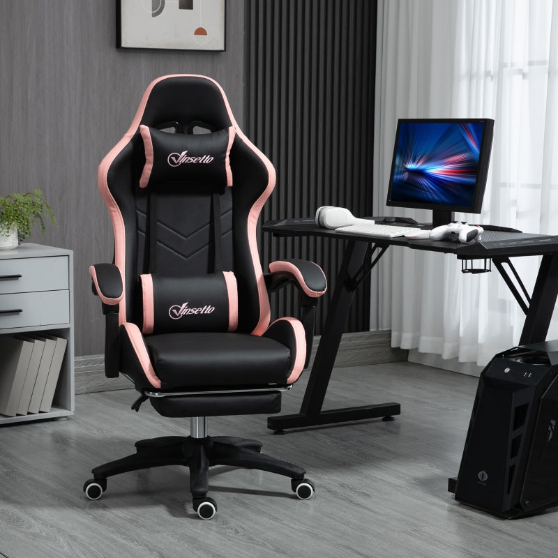 Computer Gaming Chair, 135° Reclining Footrest Lumbar Support, Black and Pink PU Leather