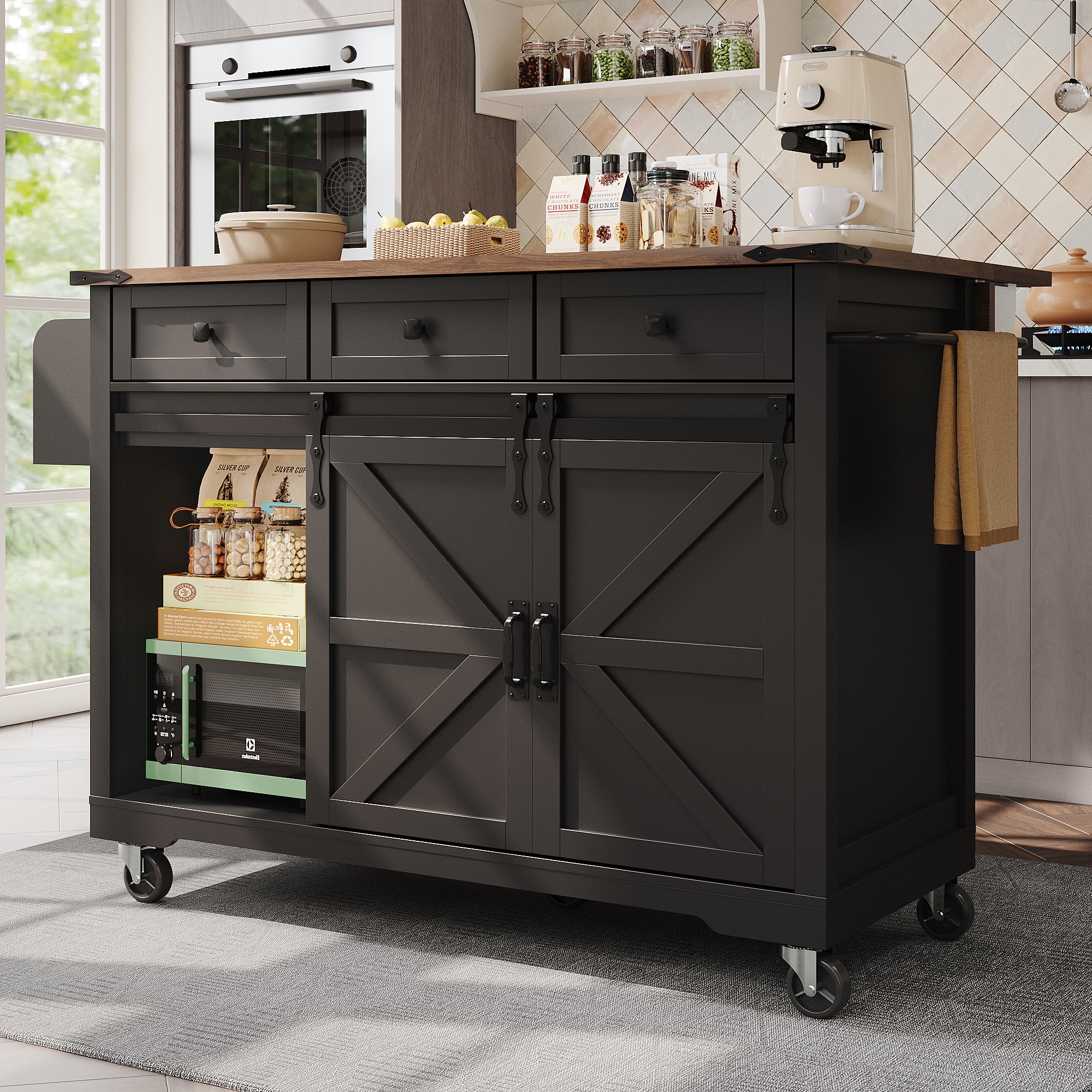 Mobile Kitchen Island Extendable Countertop 2 Sliding Doors 3 Drawers Wood Grain - Black