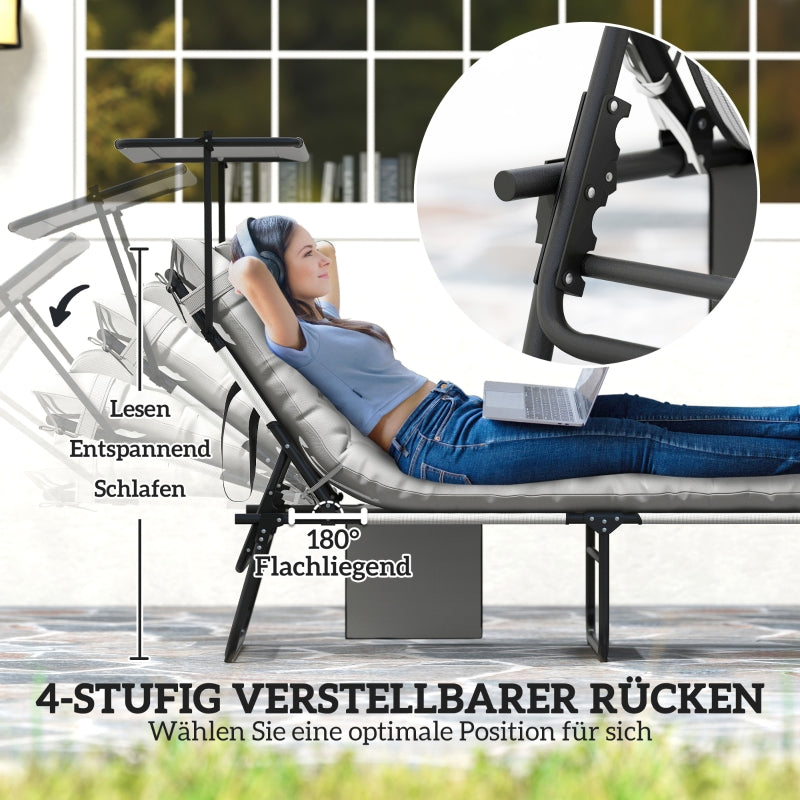 Folding Sun Lounger with Canopy, Mattress & 4-Position Adjustable Backrest - Light Grey