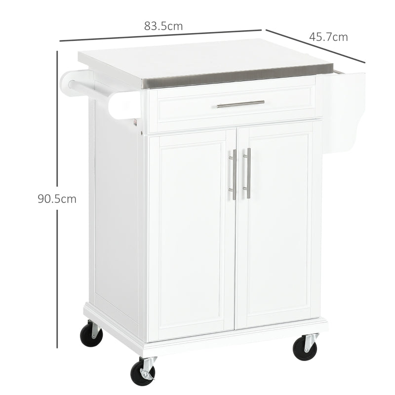Wooden Kitchen Island Serving Cart Storage Trolley with Stainless Steel Top, Drawer, and Rack, White