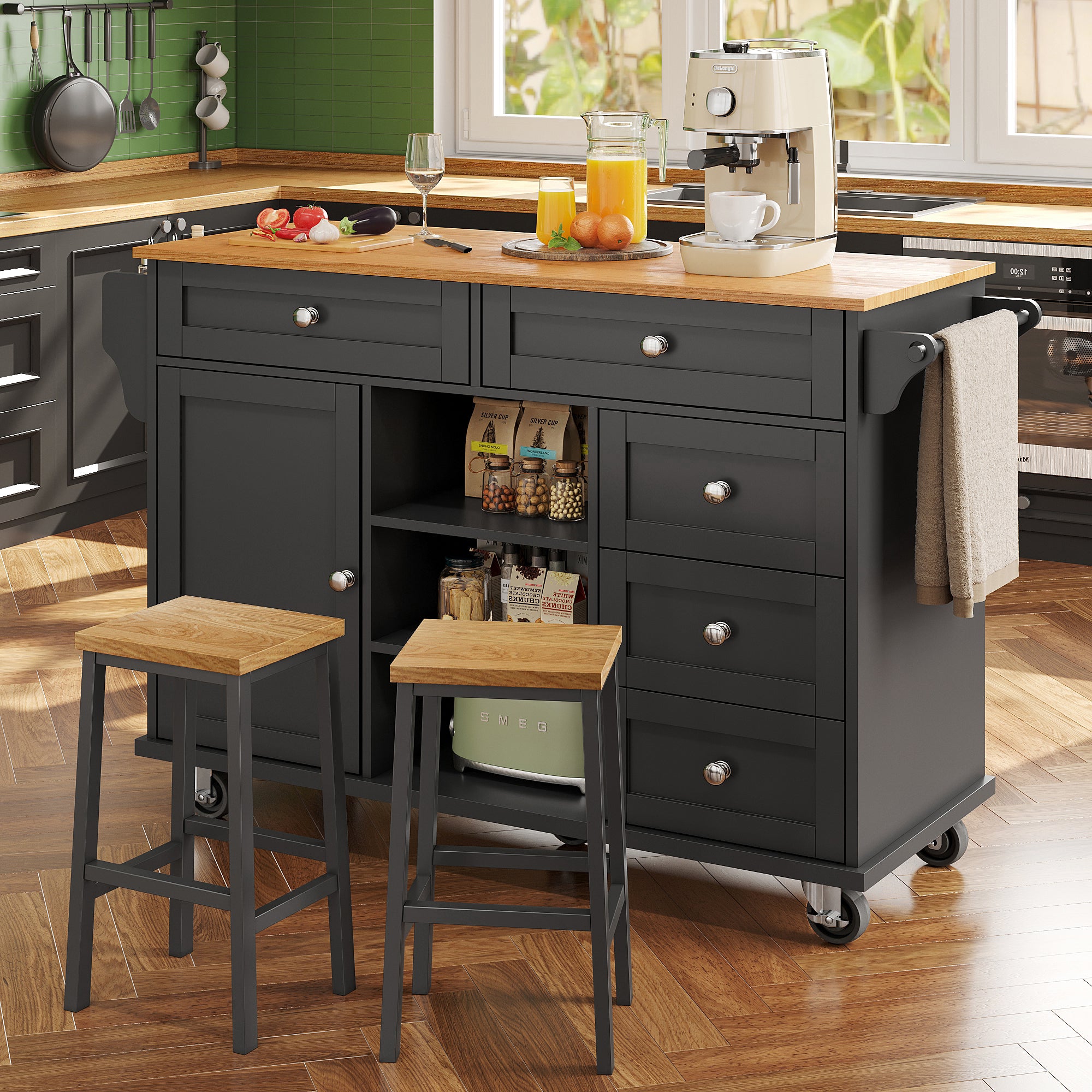 Dining Trolley with Drawer and Storage Cabinet, Mobile and Fixed Dual-Use Design, MDF Wood Grain