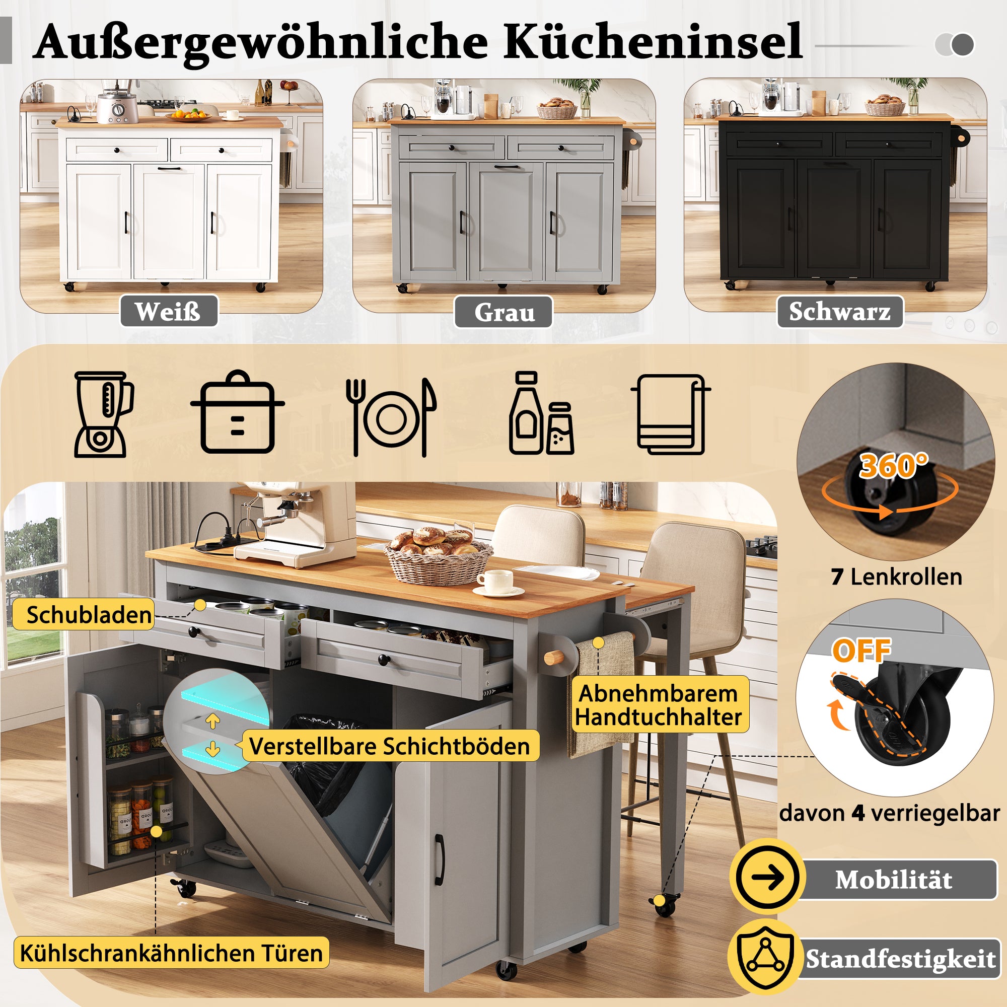 Kitchen Island on Wheels Extendable Worktop Waste Bin Power Strips - Grey