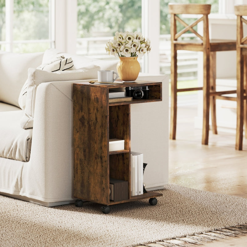 C-Shaped Serving Cart 4 Wheels 3 Compartments - Rustic Brown