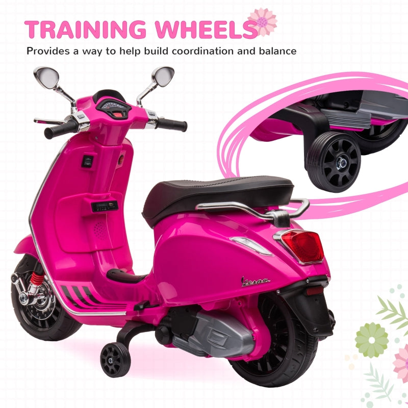 Vespa 12V Licensed Kids Electric Motorbike with Music, Headlights, FM Radio - Pink