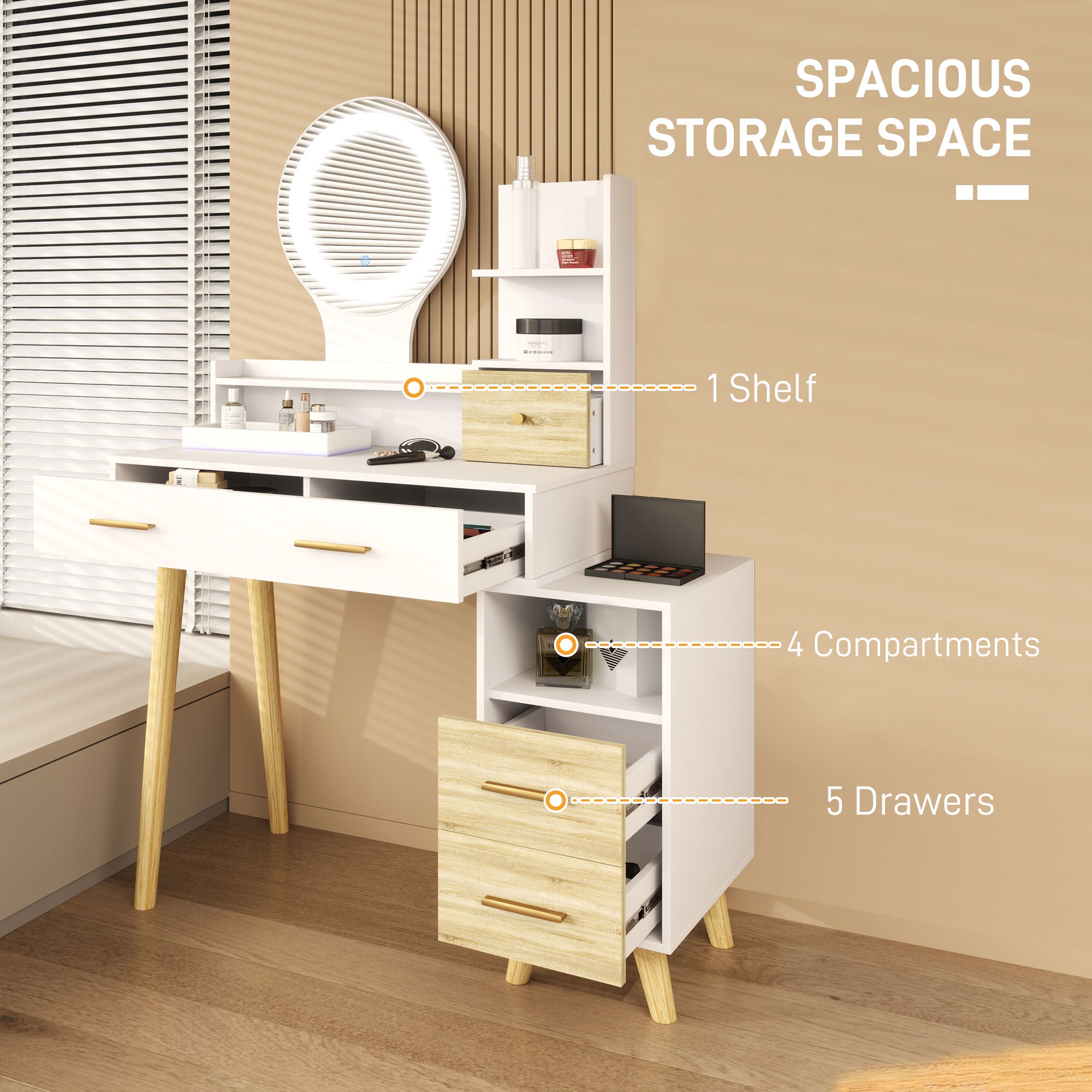 Elegant Dressing Table LED Mirror Integrated Storage White