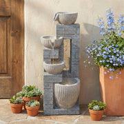 80 cm Layered Stone Basin with LED Fountain for Garden and Terrace, Stone Grey