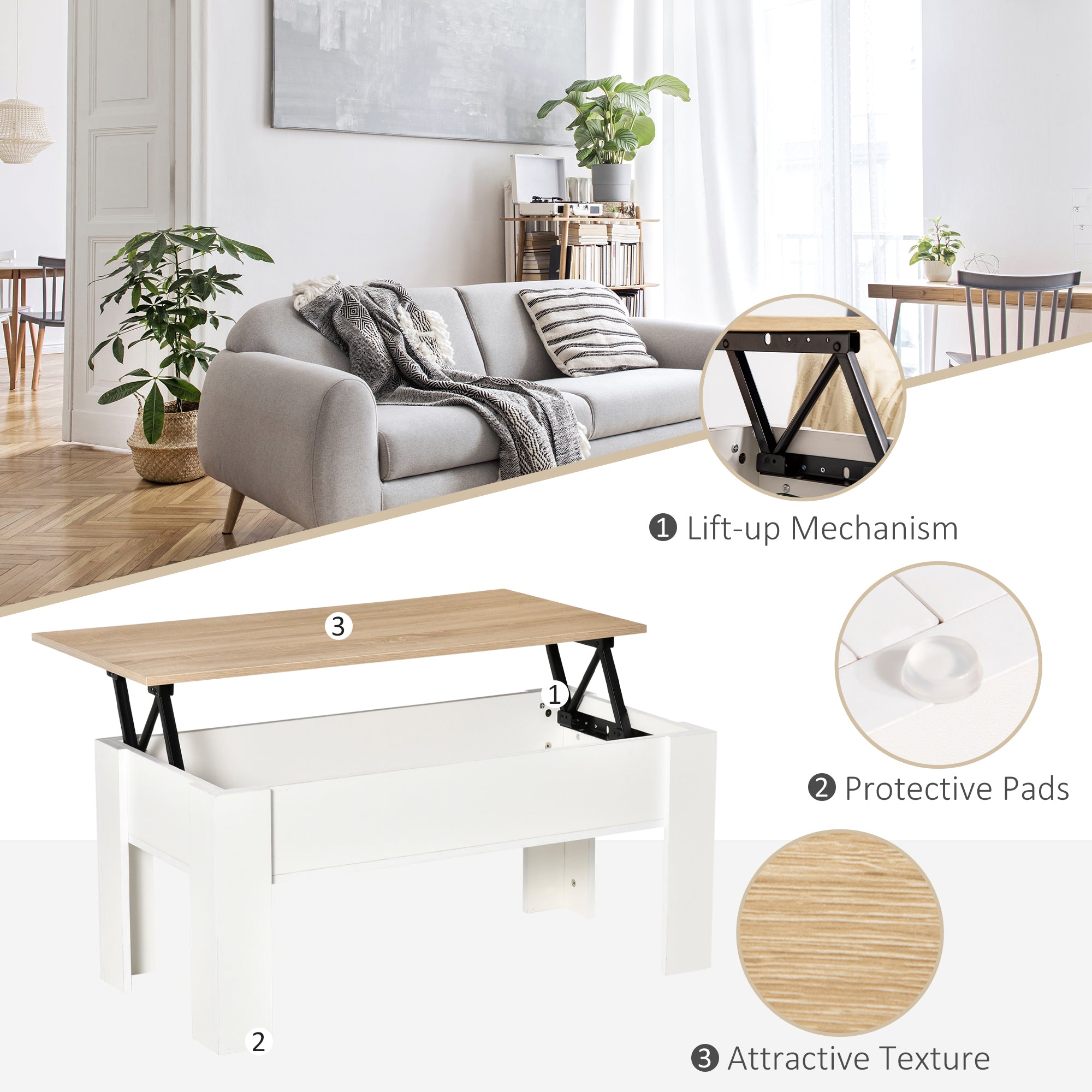 Lift Top Coffee Table, Pop-Up Tabletop with Hidden Storage Compartment