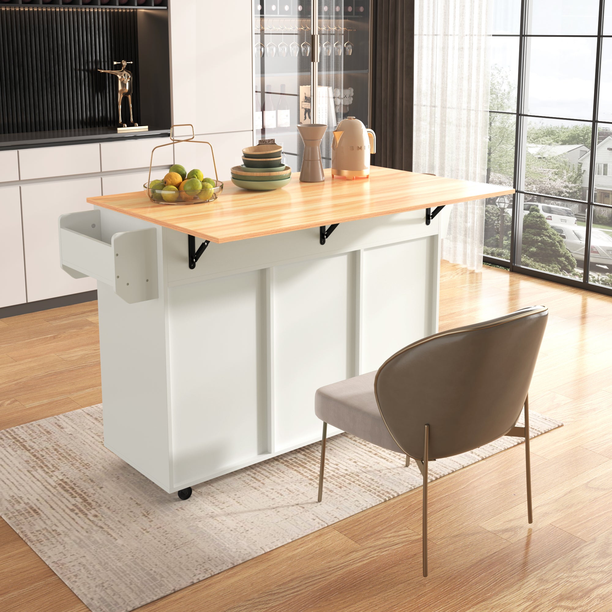 Dining Cart Sideboard 139cm Folding Worktop Storage on Wheels - White/Wood