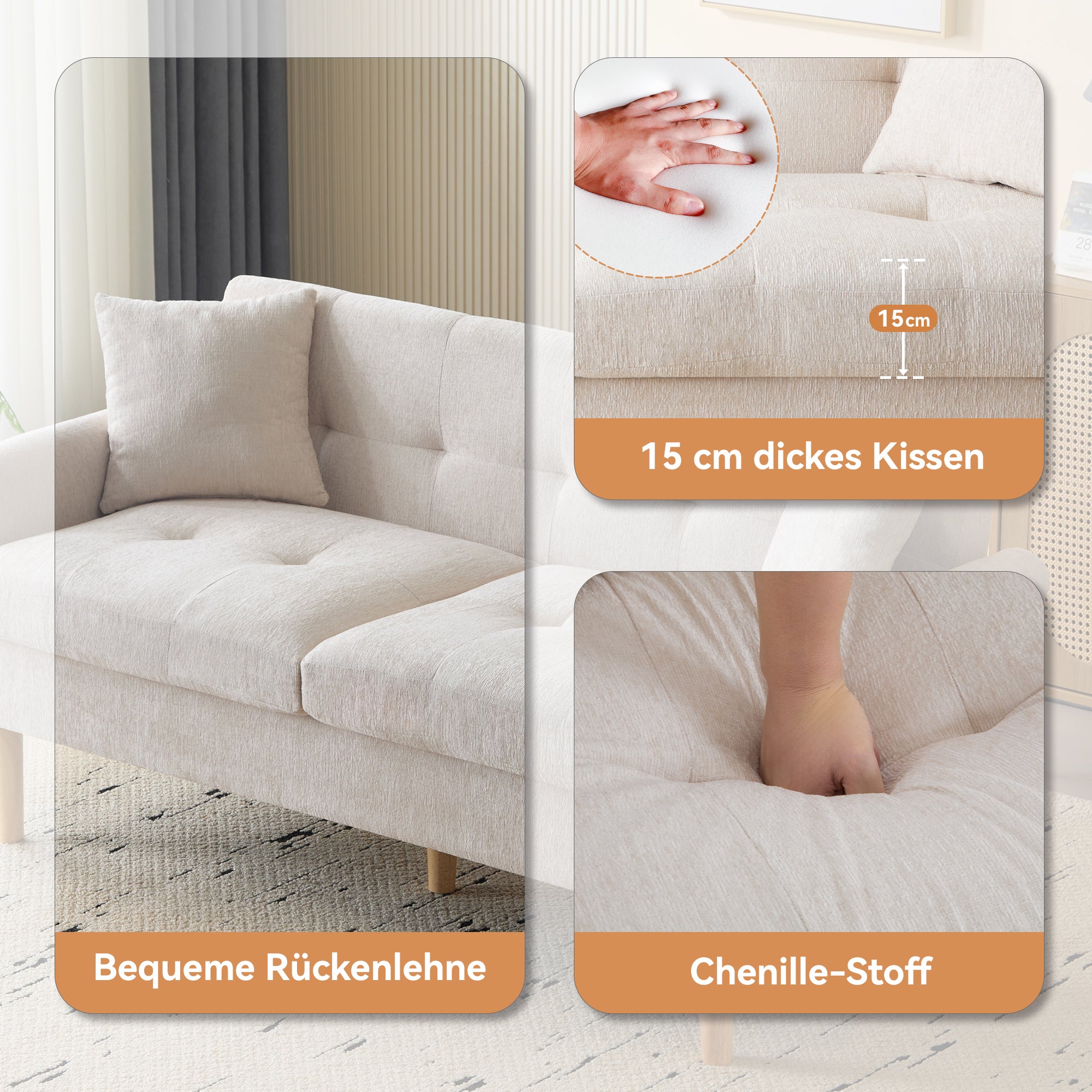 Modern Sofa, Upholstered Double Sofa with Thick Cushions, Chenille Fabric