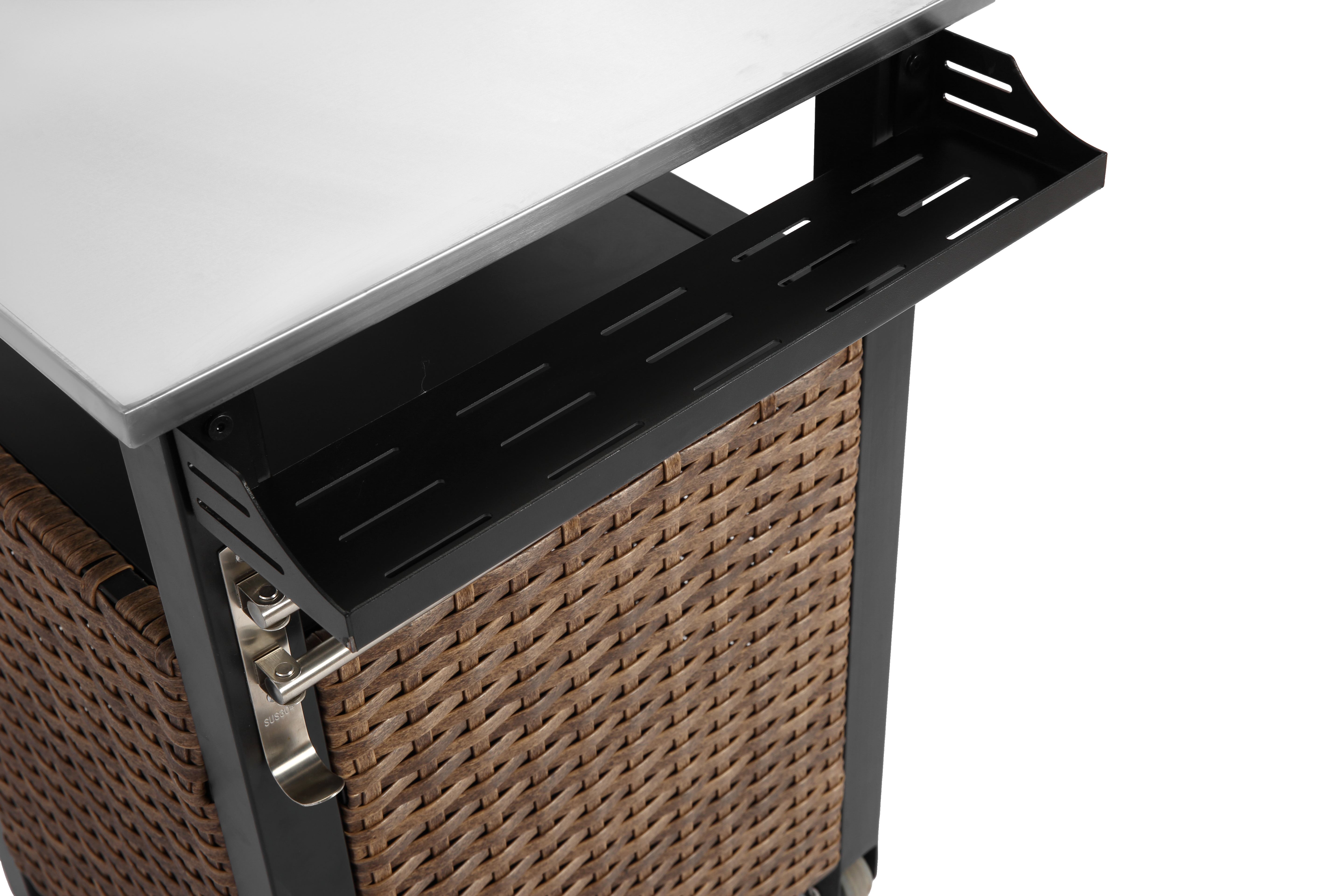 Bar Cart, Outdoor Kitchen Wicker Island Rolling with Stainless Steel Top, Brown