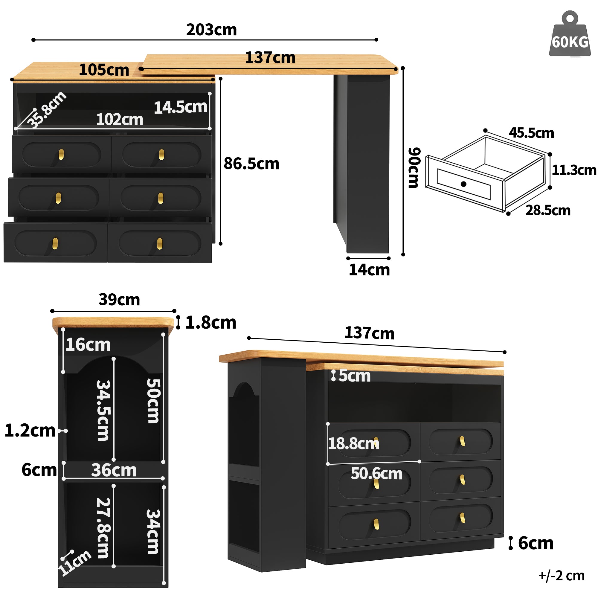 Bar Table Extendable 360° Swivel Mobile Storage Drawers - Black