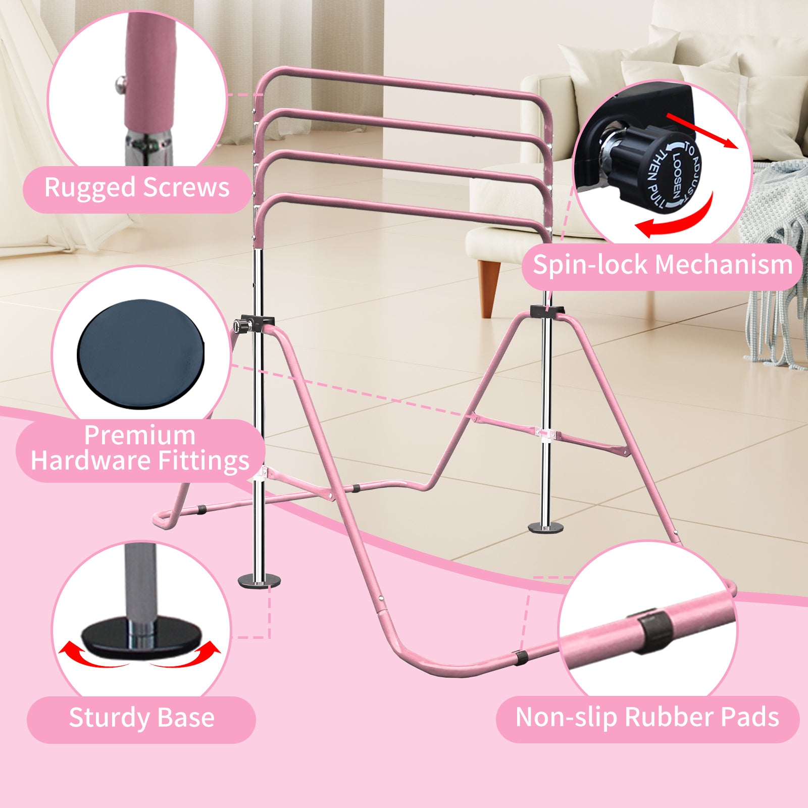 Expandable Gymnastics Bar - Height Adjustable Junior Training, Folding - Pink