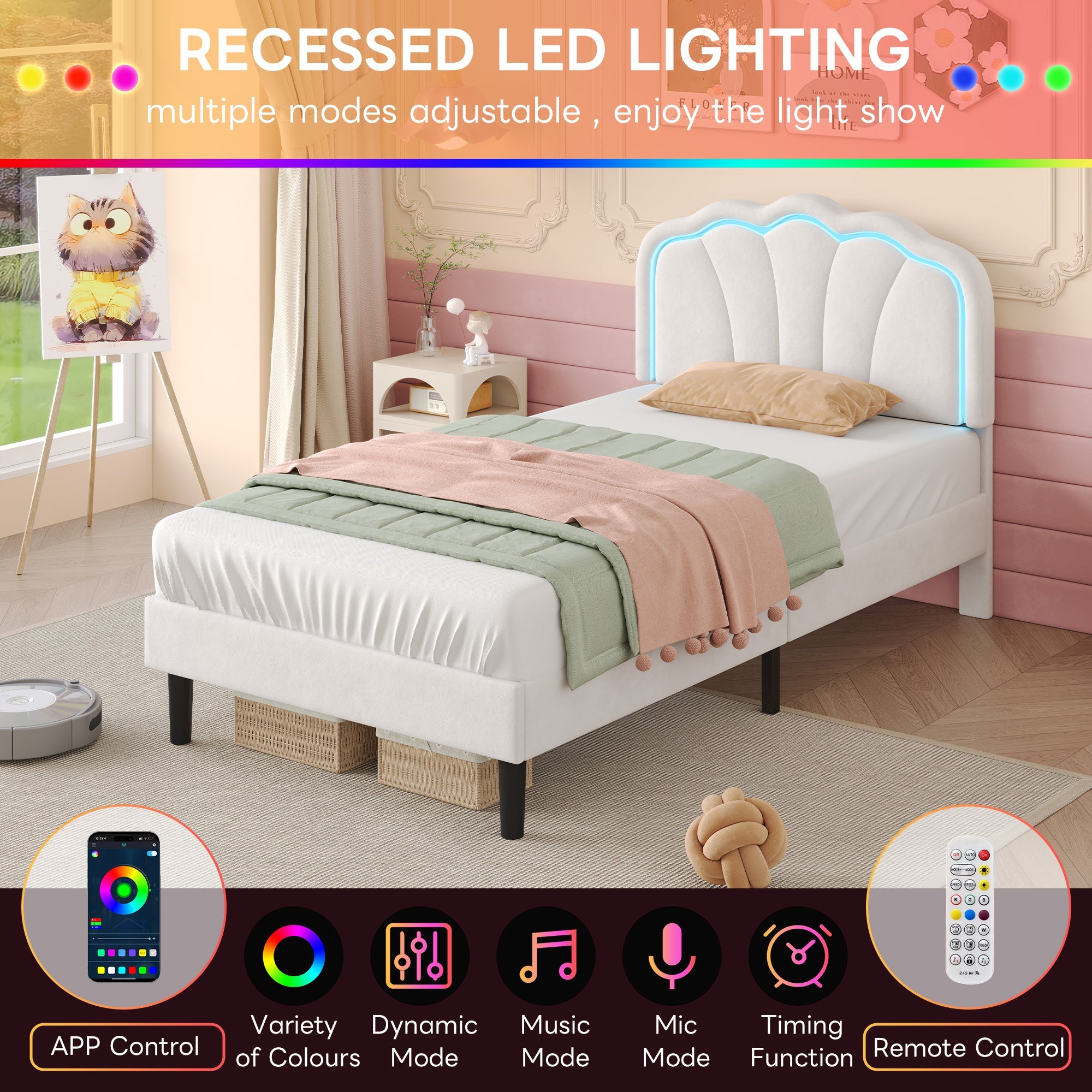 3ft Single Upholstered Bed with LED Adjustable Shell Shape Headboard, Cream White Velvet