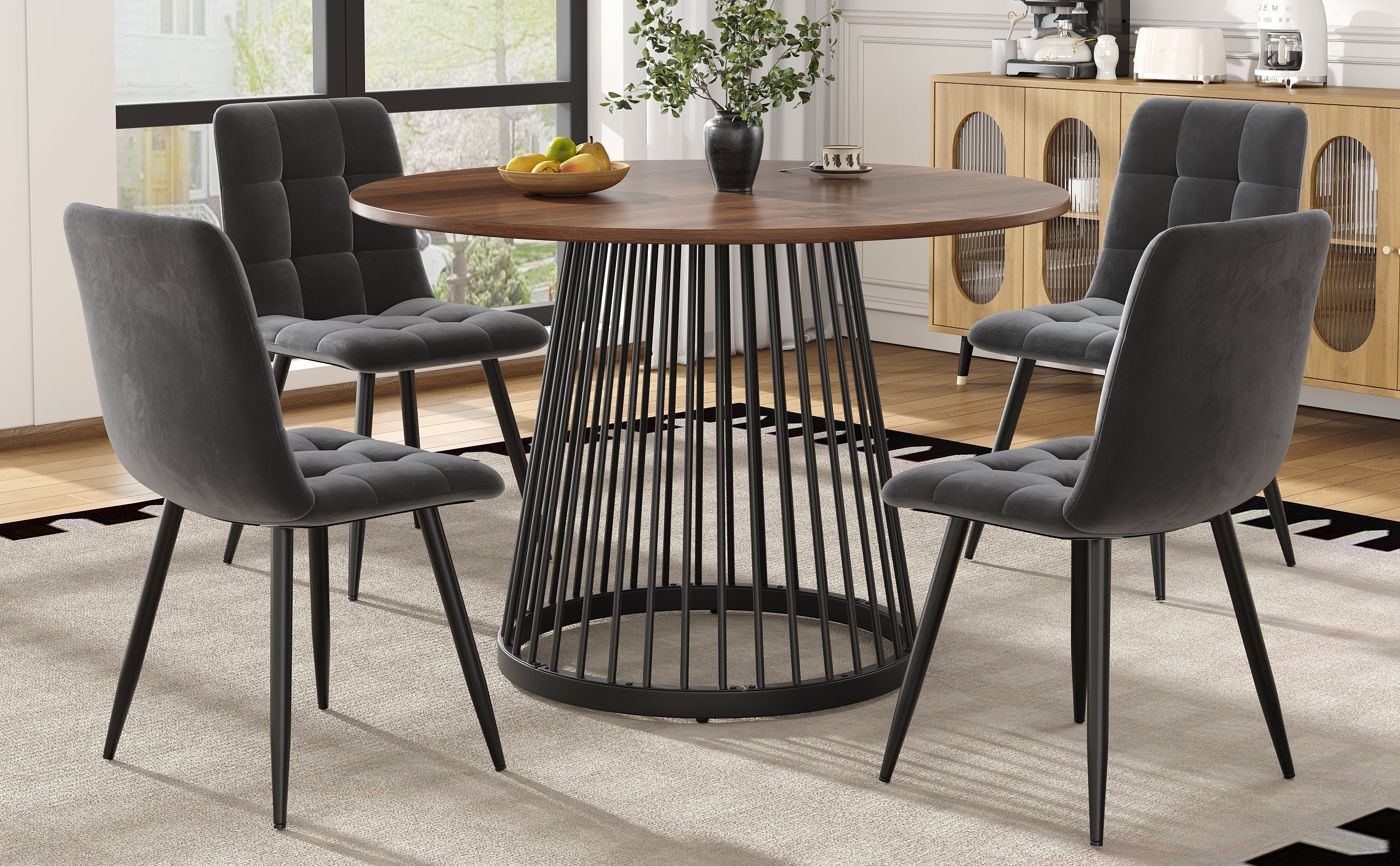 5-Piece Dining Table Set Round 80cm Kitchen Black Metal Walnut MDF/Velvet