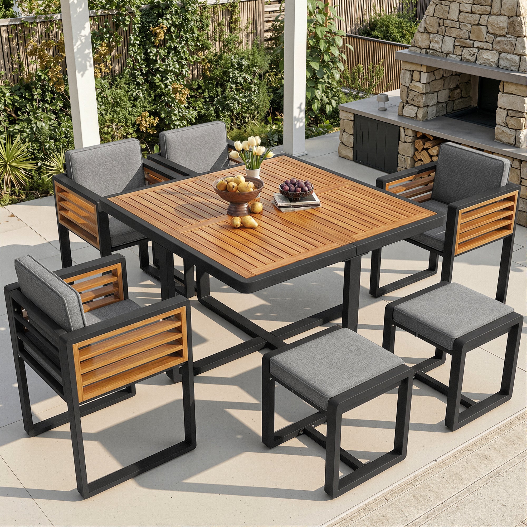 Garden Furniture Set, Lounge Seating Group with 6 Chairs and Table, Solid Wood Tabletop