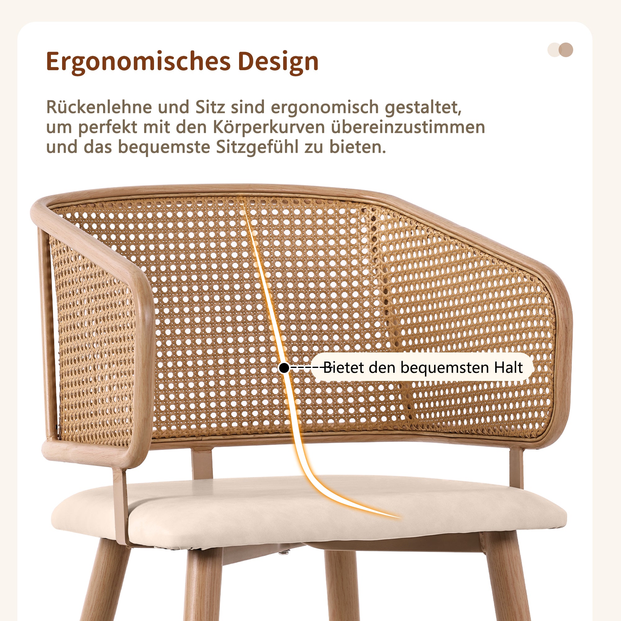 Dining Chairs, Rattan Backrest, PU Leather Seat, 2 Pack