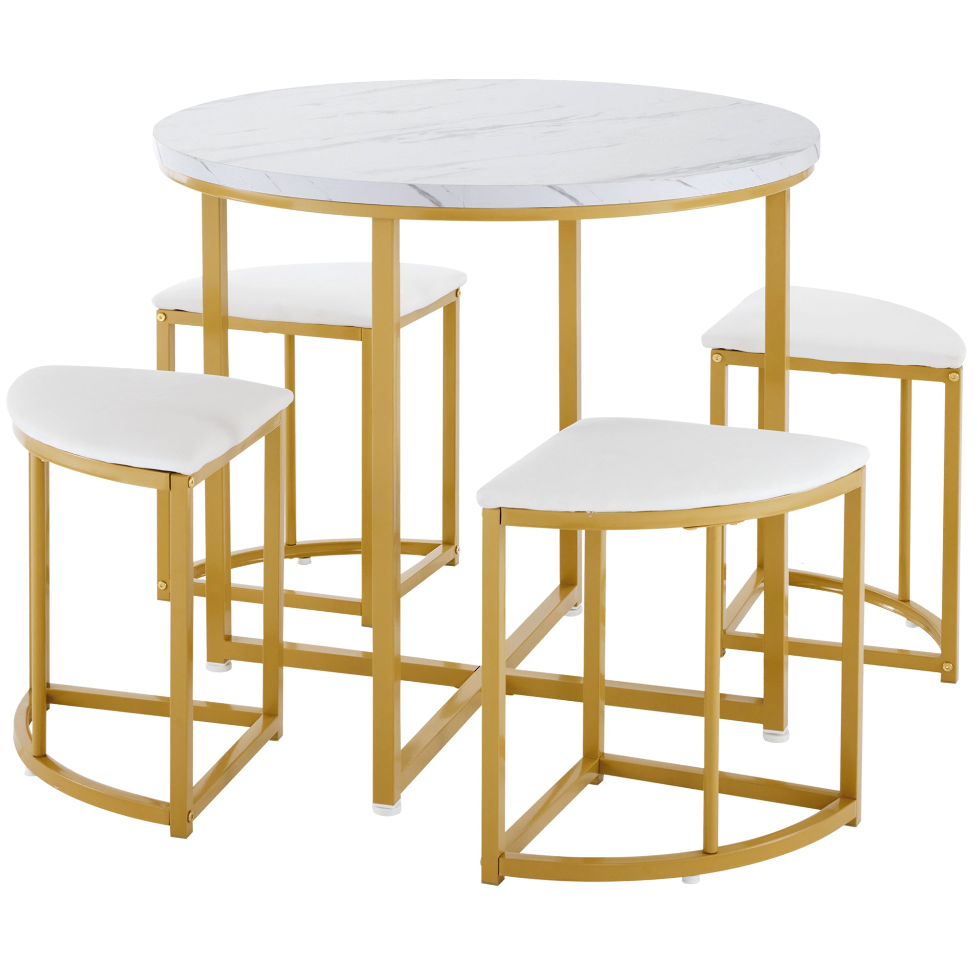 Dining Room Table Set with Four Chairs, MDF & Gold-Plated Iron, Velvet, White