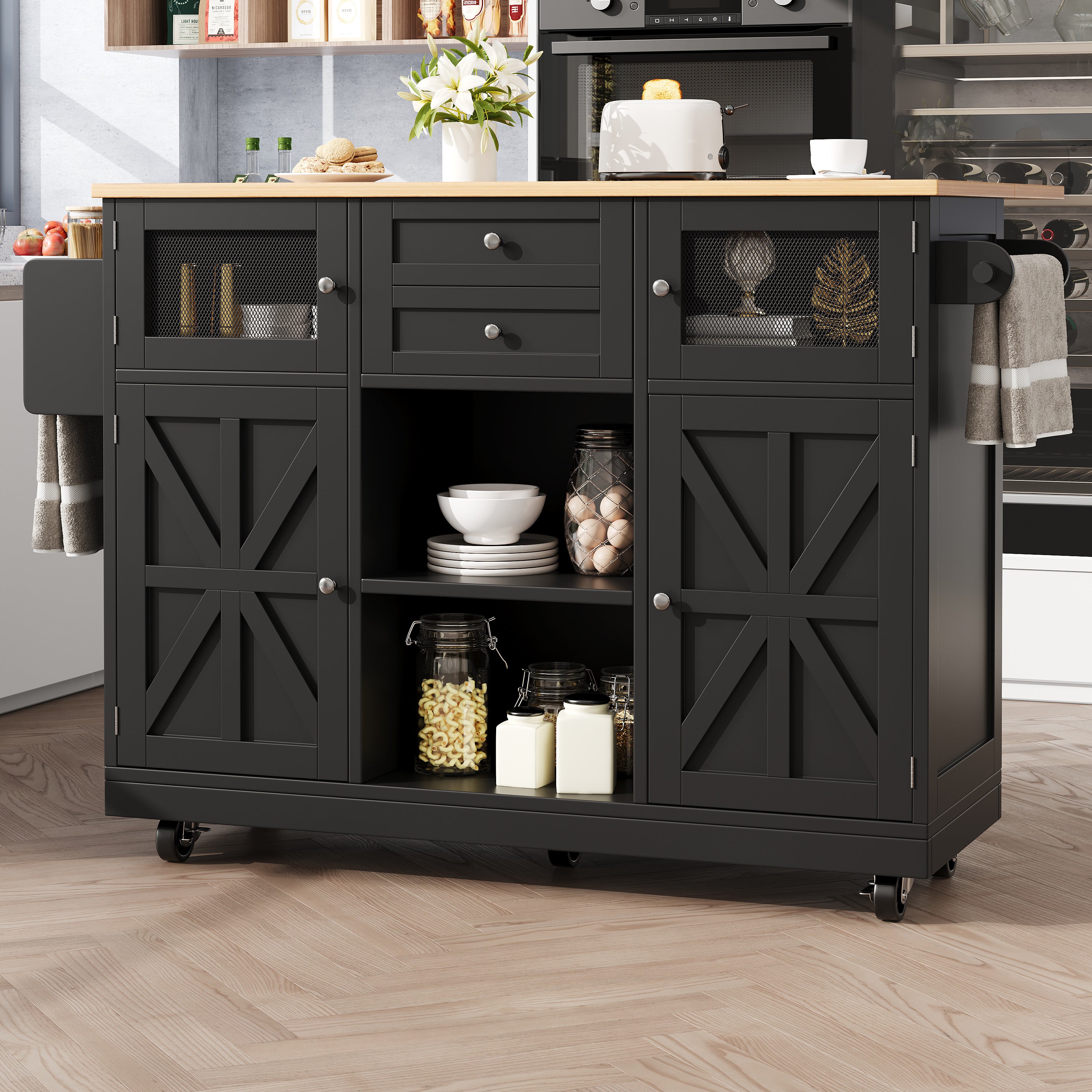 Kitchen Island Trolley Sideboard with Worktop Towel Rail Adjustable Storage Black