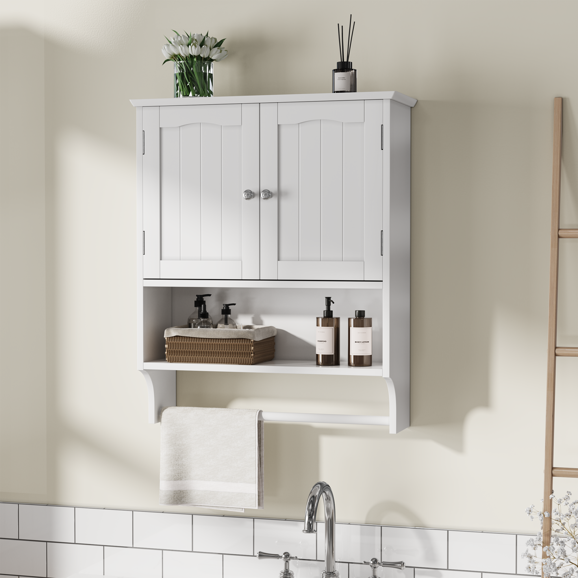 Bathroom Cabinet, Wall-Mounted Towel Rack & 2 Adjustable Shelves, White