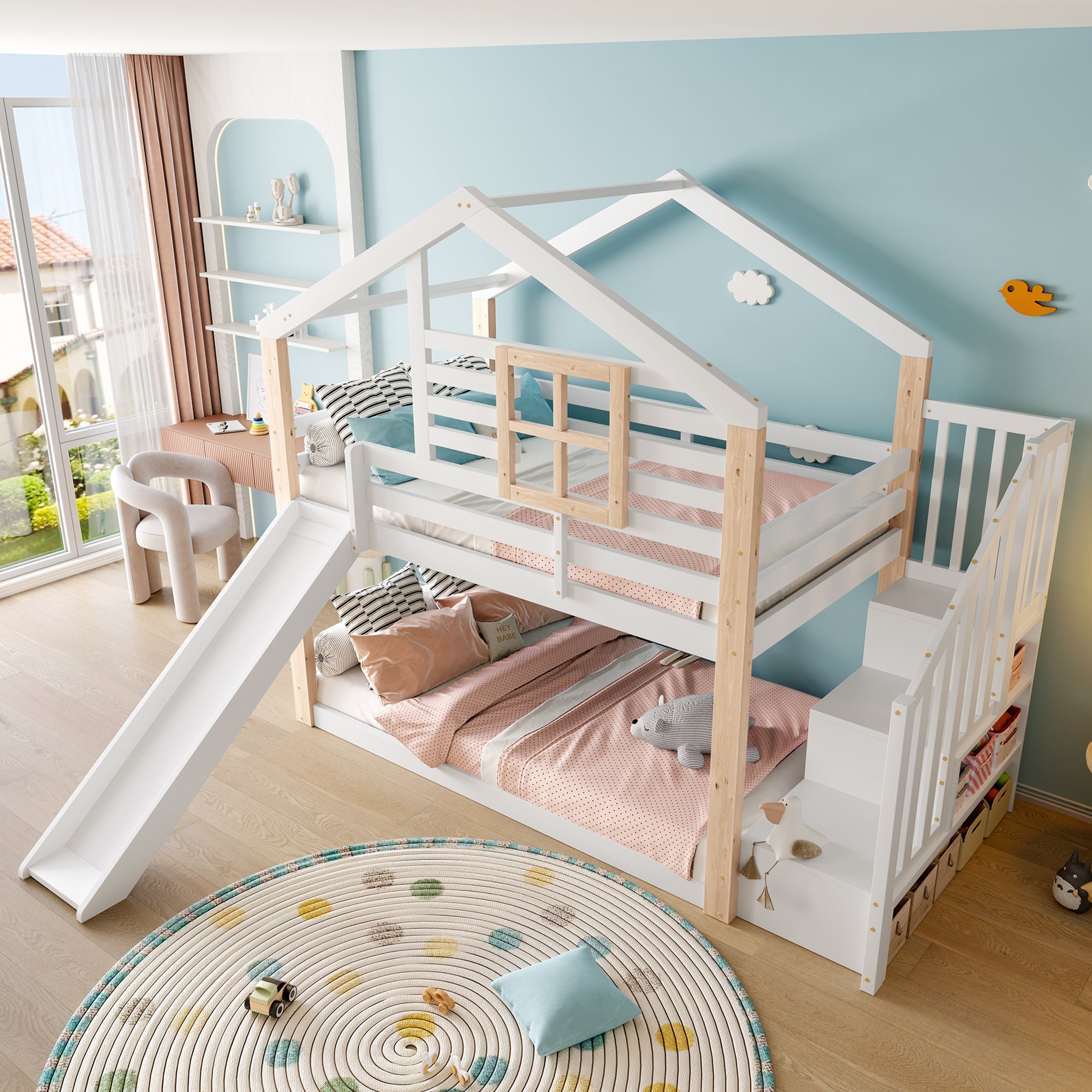Children's Bunk Bed Slide Stairs Storage - Solid Wood Scandinavian Style
