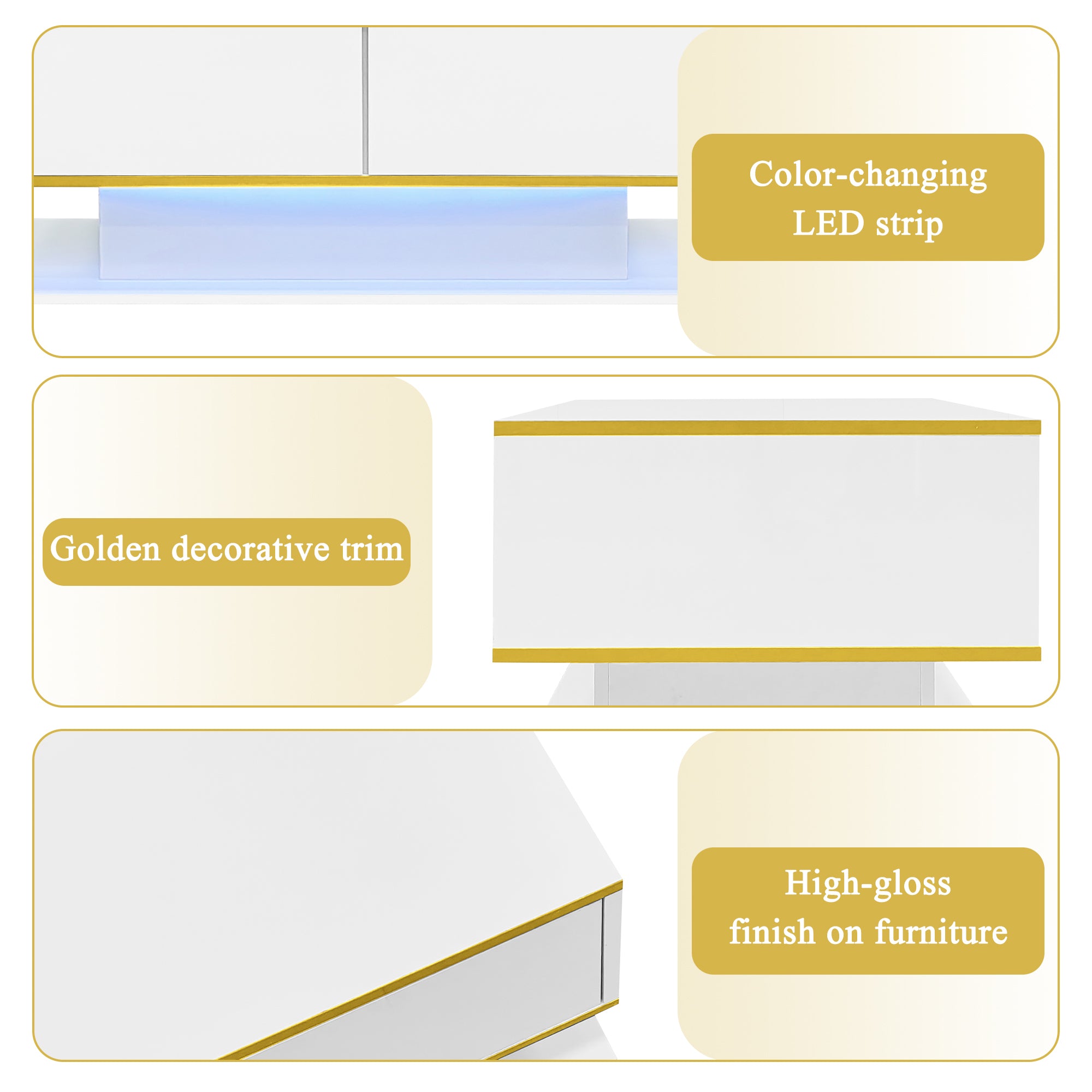 Modern LED Coffee Table 100cm High-Gloss 3 Drawers USB Gold Trim