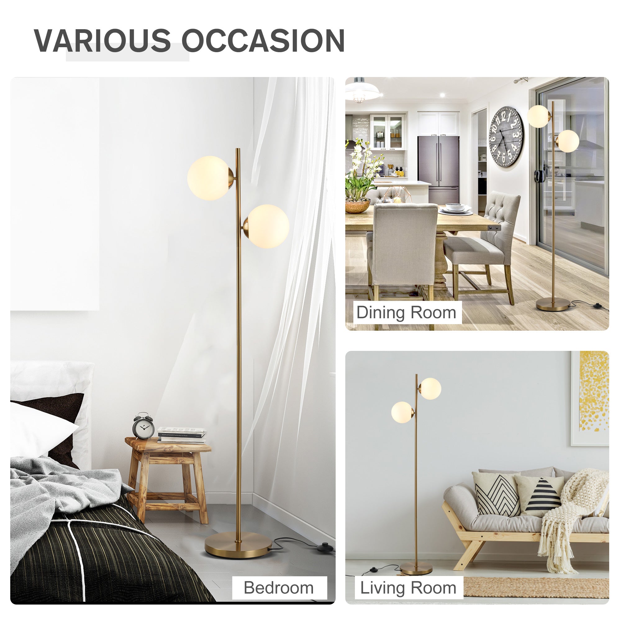 Floor Lamp 2-Piece, Glass Lampshade 165cm High, Gold and White