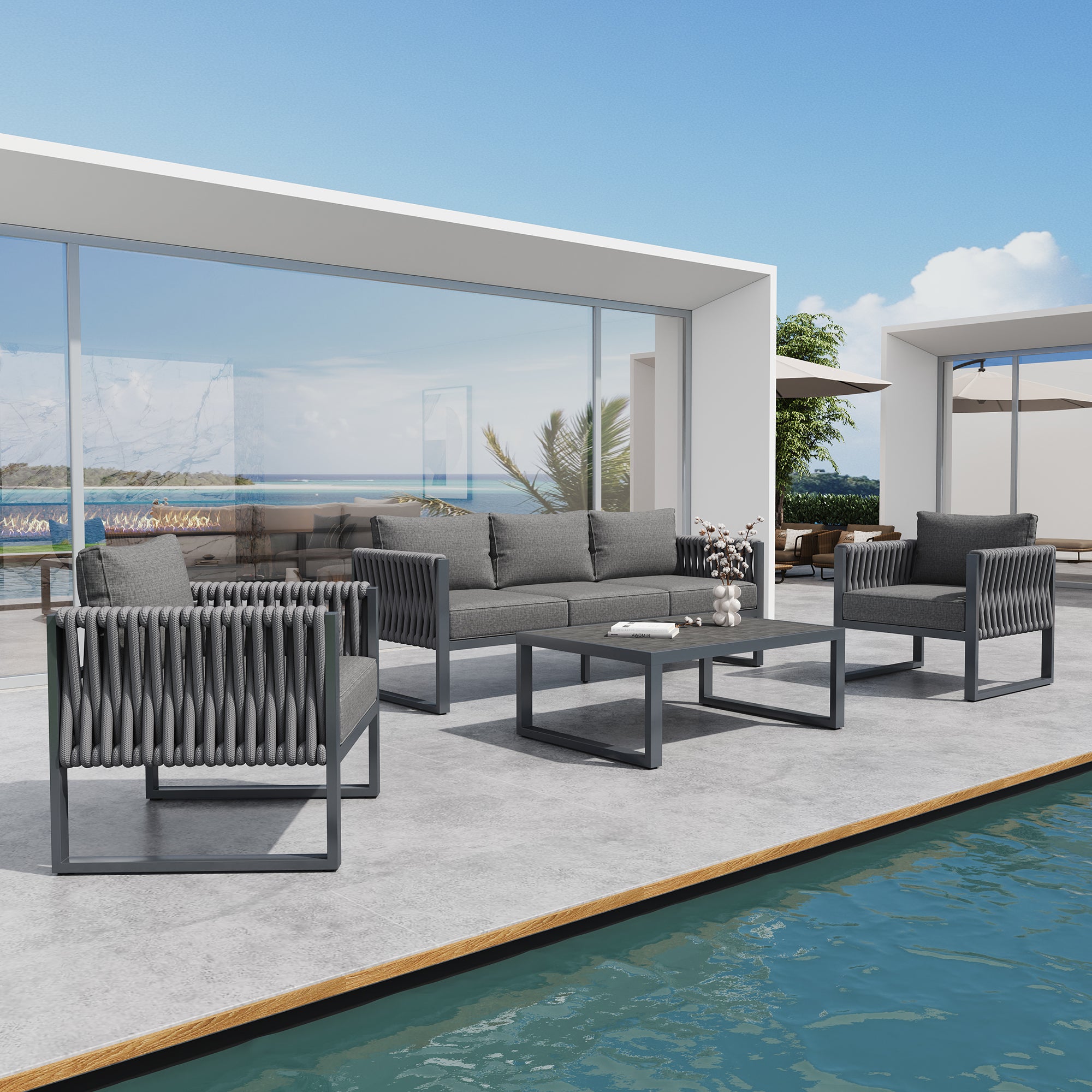 Outdoor Sofa Set 5-Seater Adjustable Feet Rustproof Metal Frame - Grey